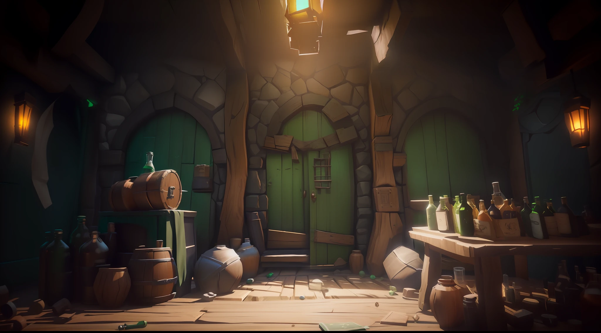 there is a room with a green door and a table with a bunch of bottles, a multidimensional cozy tavern, stylized 3d render, fantasy tavern background, detailed textures and lighting, stylized concept art, (octane render) fantasy style, tavern background, stylized shading, realism in style of fornite game, realistic shading and lighting, rendered in unrealengine