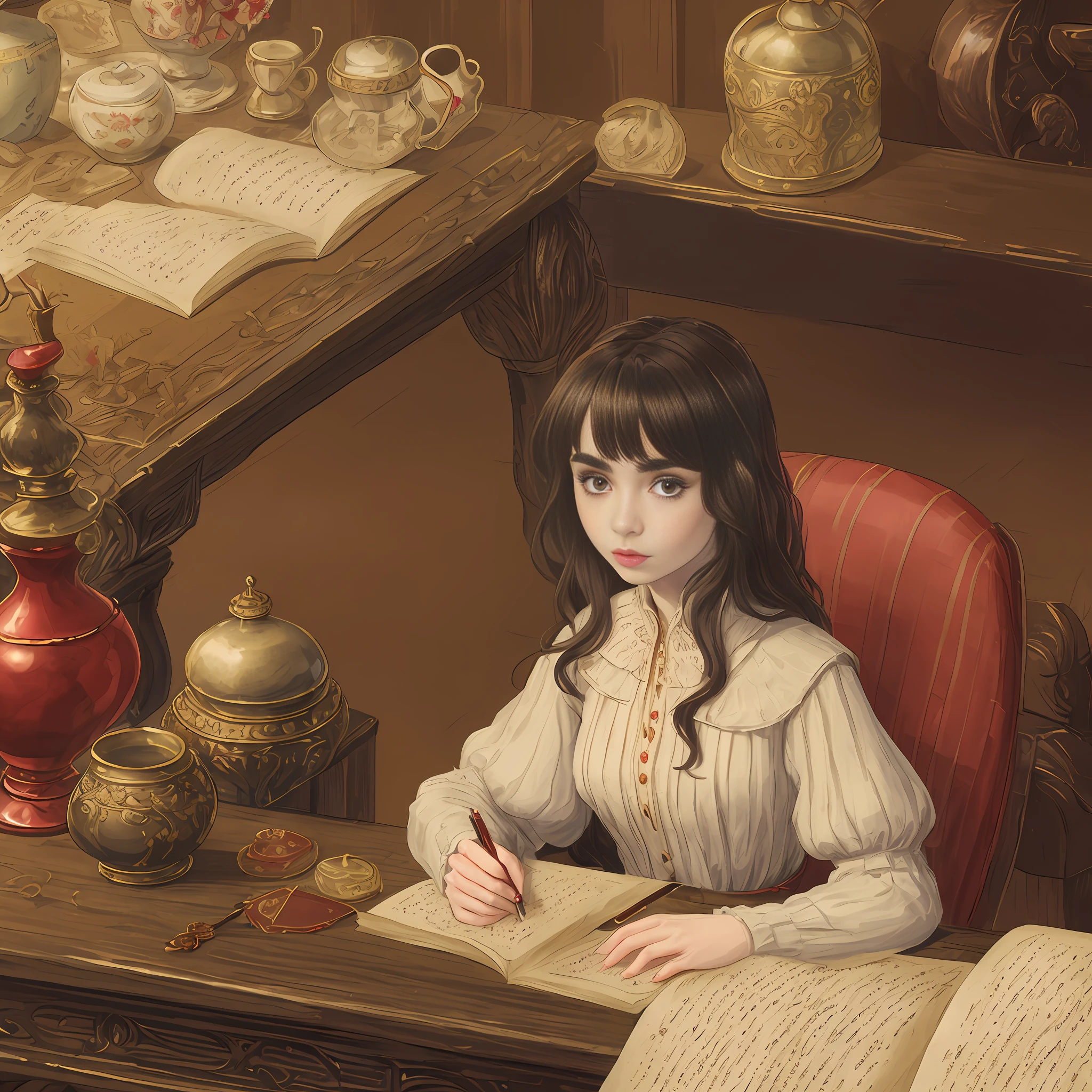 Lily Collins long black wavy hair, wearing a simple red medieval commoner dress without any accessories on the body, writing at a table with parchment, quills and inkwell in a palace room setting, The illustration is detailed, smooth and bright
