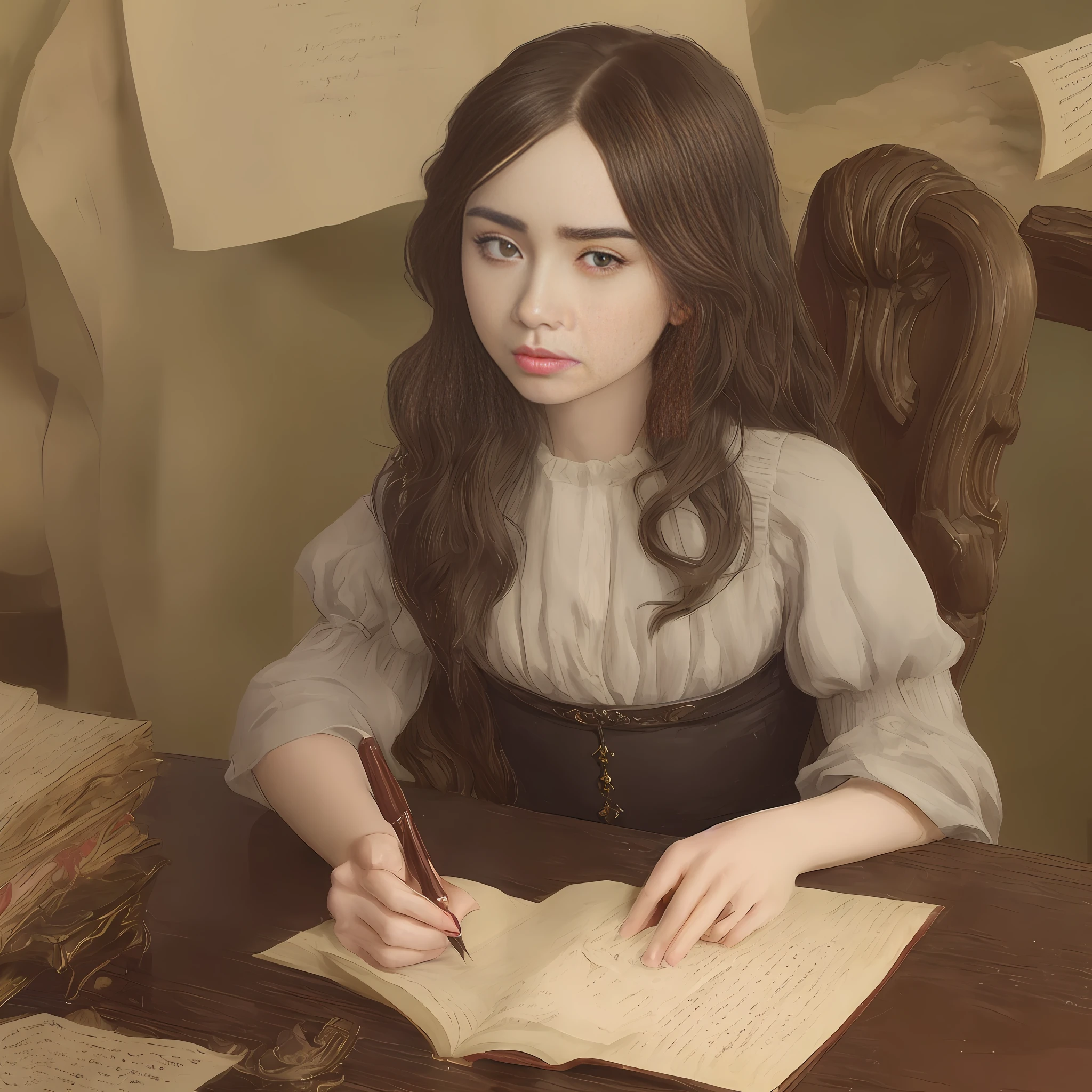 Lily Collins long black wavy hair, wearing a simple red medieval commoner dress without any accessories on the body, writing at a table with parchment, quills and inkwell in a palace room setting, The illustration is detailed, smooth and bright