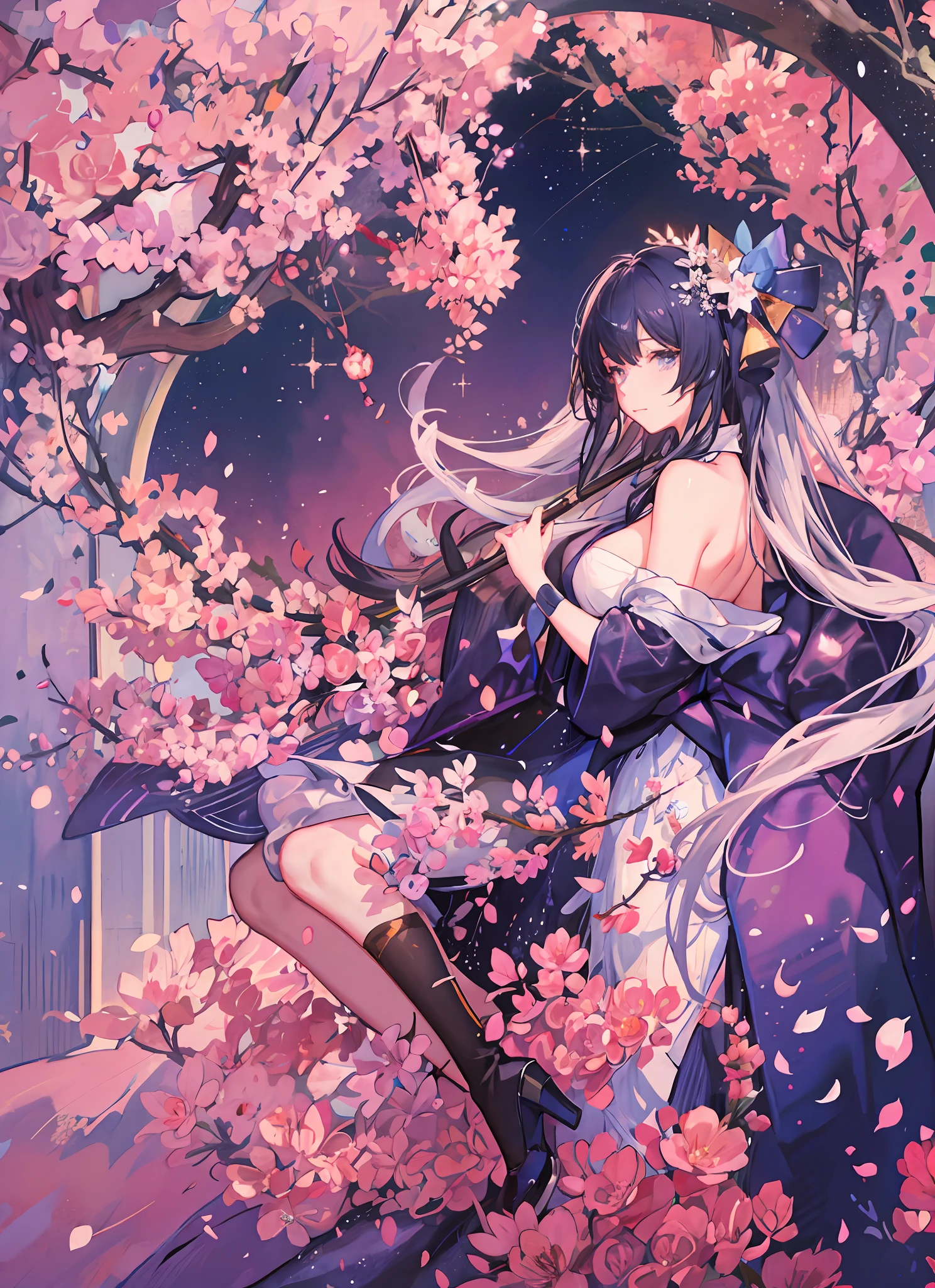 ((Magical Girl)), ((Gorgeous Starry Sky Background)), ((Super Detailed)), (Best Illustration), ((Cinematic Lighting)), Dynamic Angle, Floating, Fine, (Flash:1.2), (Sparkle:1.2), (Shine:1.2), Classic, (painting:1.1), (Sketch:1.1), (Best Quality), (Masterpiece:1.2), ( anime style), (solo), beautiful and delicate face, (cute face: 1.3), (big eyes: 1.3), colored hair, (long hair: 1.2), (flowing hair: 1.2), (magical girlhood), detail outfit, (sparkling wand: 1.3), (magic effect: 1.3), (flowing skirt: 1.2), (cute boots: 1.1), (transparent fabric: 1.1), (flash: 1.2), (glowing 1.2), (radiance: 1.2), (flash: 1.2), (flash: 1.2), (flash: 1.2), (dazzle: 1.2) (Very detailed 8k wallpaper) complex, high detail, dramatic, 8k, ((masterpiece, super detailed, complex detail, medium quality, illustration)), 1girl, solo, high resolution, street, cherry tree, petals falling, sunlight through), (extremely detailed CG, super fine, Best shadows: 1.1), ((Depth of field)), ((Watercolor)), (Kimono: 1.3), Big breasts, bare shoulders, flowers and petals, Beautiful concept illustration, (Illustration: 1.1), (Extreme beauty: 1.1), (Perfect detail: 1.1), --v 6