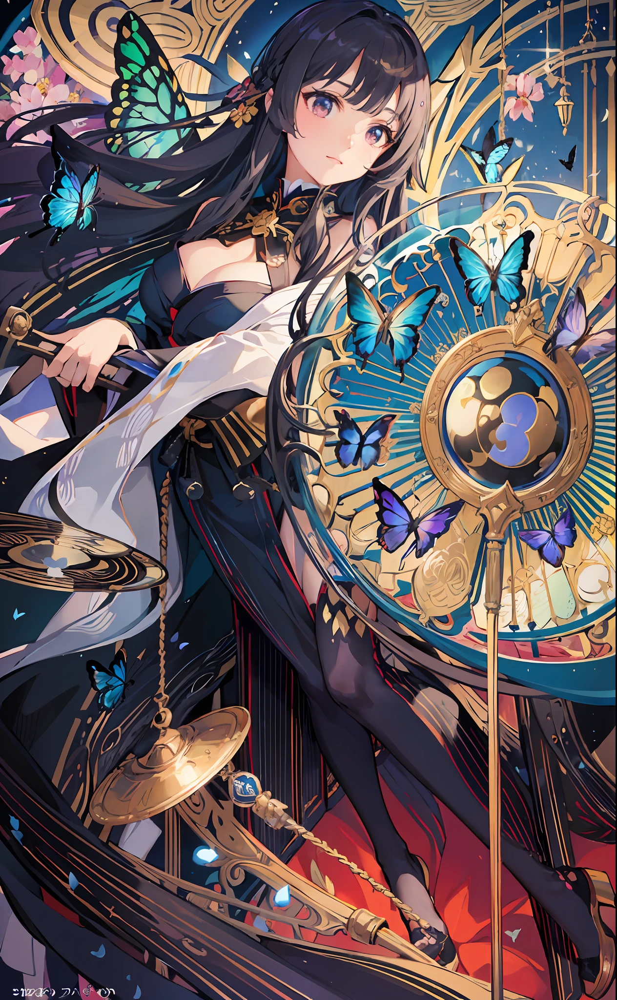8k, single, 1 girl, best quality, super high resolution, realistic, (colorful, vivid tones, art nouveau), extremely detailed lighting, cinematic lighting, soft lighting, (masterpiece, quality: 1.4), (fine fine eyes), (Yuko Ichihara, very long black hair, very long kimono, pipe), (whole body), (tall and thin, long legs), (big breasts), (symbol of the moon, round mirror, birdcage), ((smoky and butterflies flying, flowers: 2)), --v 6
