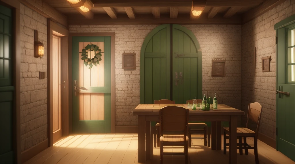 There is a room with green doors and a table with a bunch of bottles, a multi-dimensional cozy tavern, fantasy tavern backgrounds with detailed textures and lighting, stylized concept art, (octane rendering) fantasy style, tavern backgrounds, stylized shadows, Fornite gameplay style realism, realistic shadows and lighting, rendered in Unreal Engine