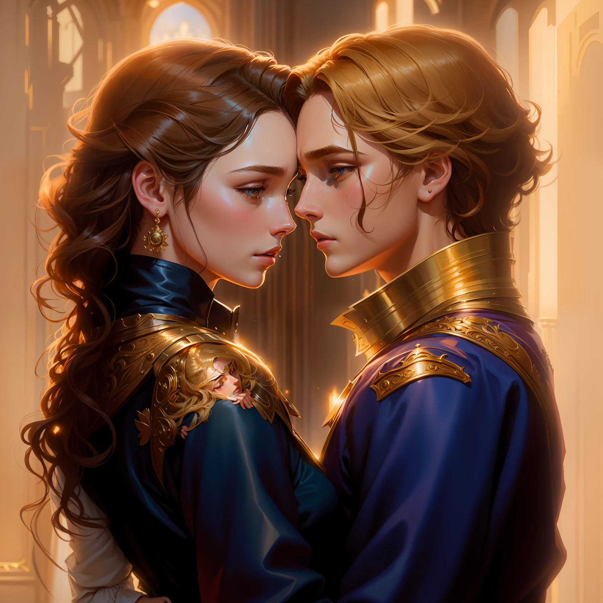 young Leonardo DiCaprio who has blond hair, wearing a medieval prince outfit and young Lily Collins, with black hair, wearing a simple red commoner dress, kissing, illustration is detailed, soft and shiny, Art by Greg Hildebrandt, Citemer Liu, Stjepan Sejic, Samyang, Aykut Aydogdu, Justin Gerard, Alphonse Mucha, Artgerm, WLOP and Greg Rutkowski