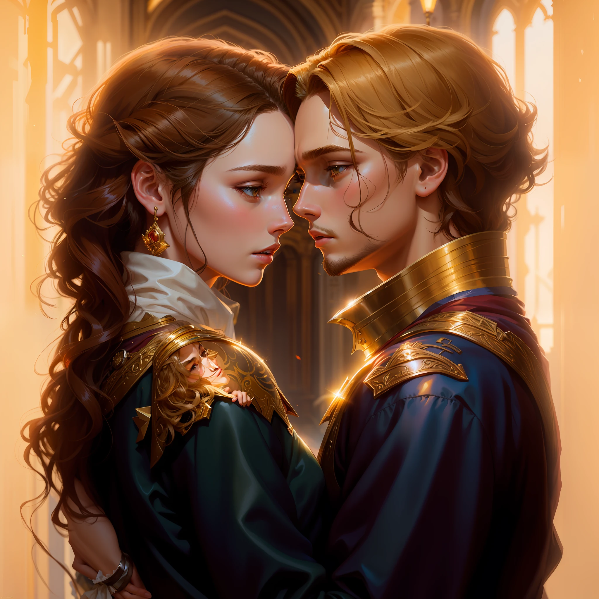 young Leonardo DiCaprio who has blond hair, wearing a medieval prince outfit and young Lily Collins, with black hair, wearing a simple red commoner dress, kissing, illustration is detailed, soft and shiny, Art by Greg Hildebrandt, Citemer Liu, Stjepan Sejic, Samyang, Aykut Aydogdu, Justin Gerard, Alphonse Mucha, Artgerm, WLOP and Greg Rutkowski