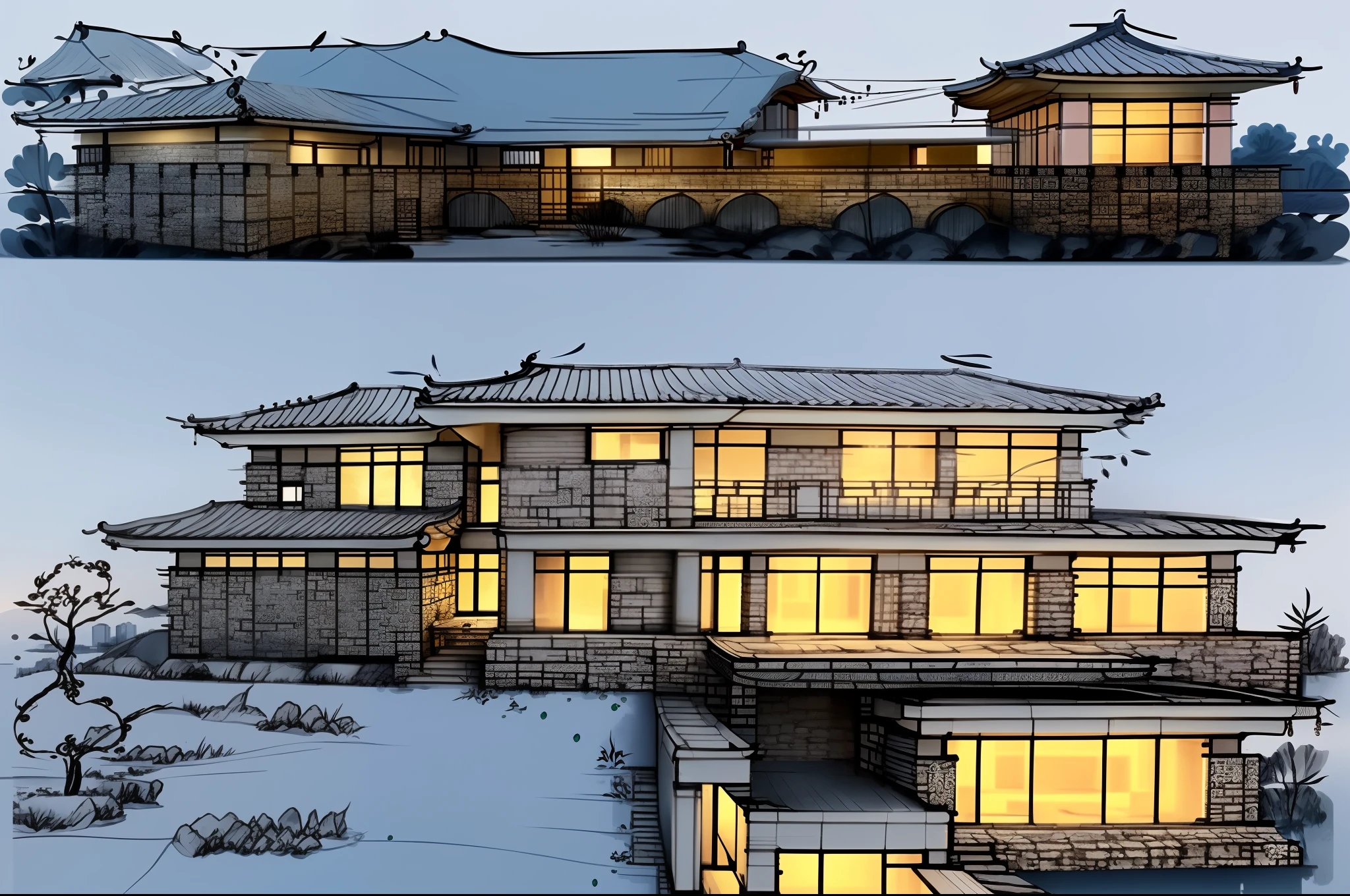 (An extremely Chinese-style scene), (Sketch architecture), (Siheyuan), (Water reflection), (Curve): (0.6), [(Stone lion), (Adding details), (Tiled house)]: (0.4).