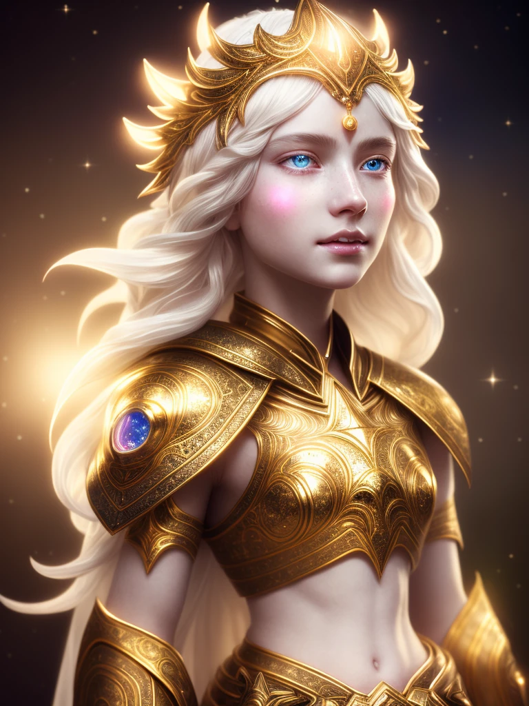Luminara, the Bearer of Light: ((best quality)), ((masterpiece)), ((realistic)), woman, celestial, deity, goddess, whose body is composed of pure energy. She radiates a soft, bright light, illuminating everything around her, particles of light, magic, rays of light, reflections, (colorful), ray trace, long and flowing tunic, made of bright white fabric that seems to emit its own light. She wears a lightweight armor, adorned with luminous crystals, which protects her without compromising her mobility, detailed face, detailed eyes, illustration, highly detailed, sharp focus, digital rendering, professional, 4k, artstation,
