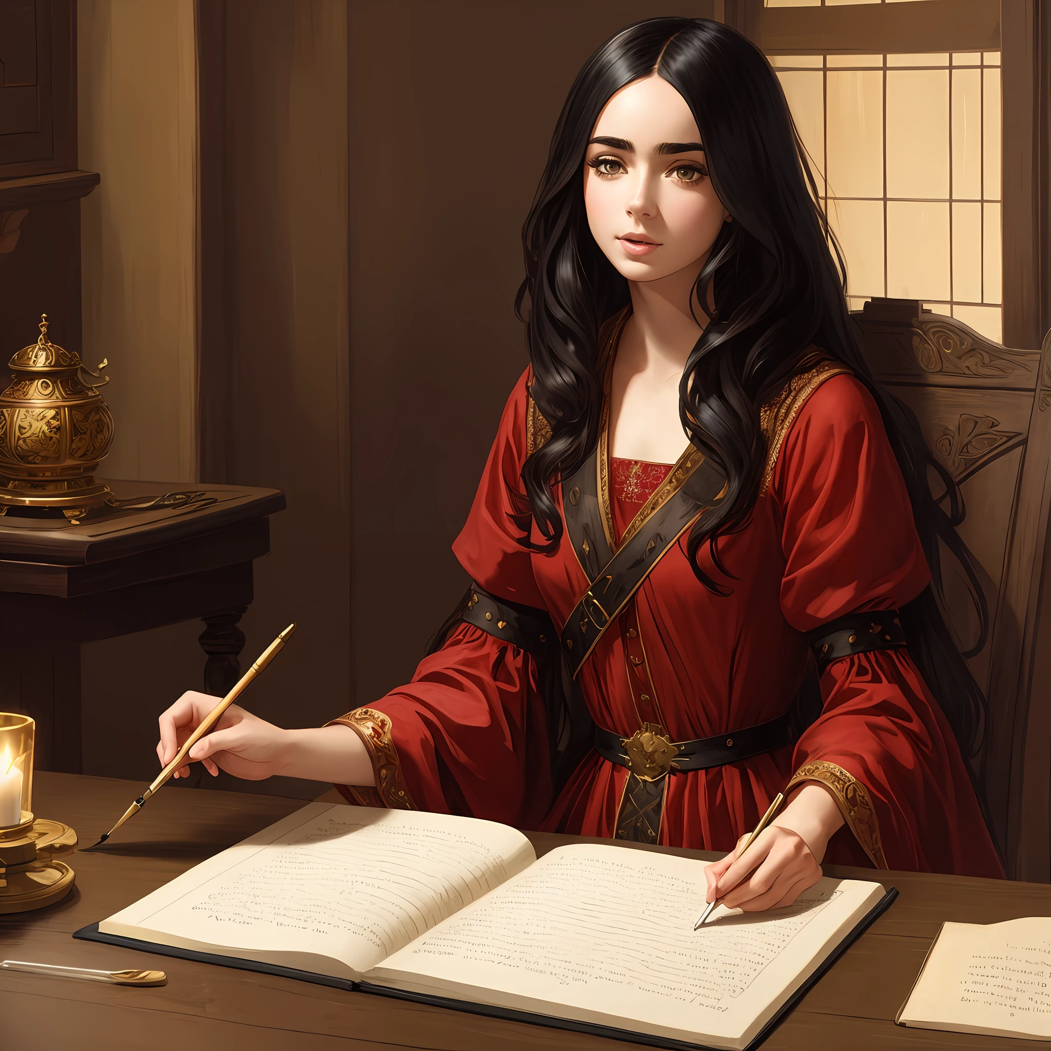 Lily Collins with long black hair, wearing a light red commoner dress from medieval times, writing on a parchment on a table with inkwell and feather. A detailed, smooth, realistic digital art painting by Greg Hildebrandt, Citemer Liu, Stjepan Sejic, Samyang, Aykut Aydogdu, Justin Gerard, Alphonse Mucha, Artgerm, WLOP and Greg Rutkowski