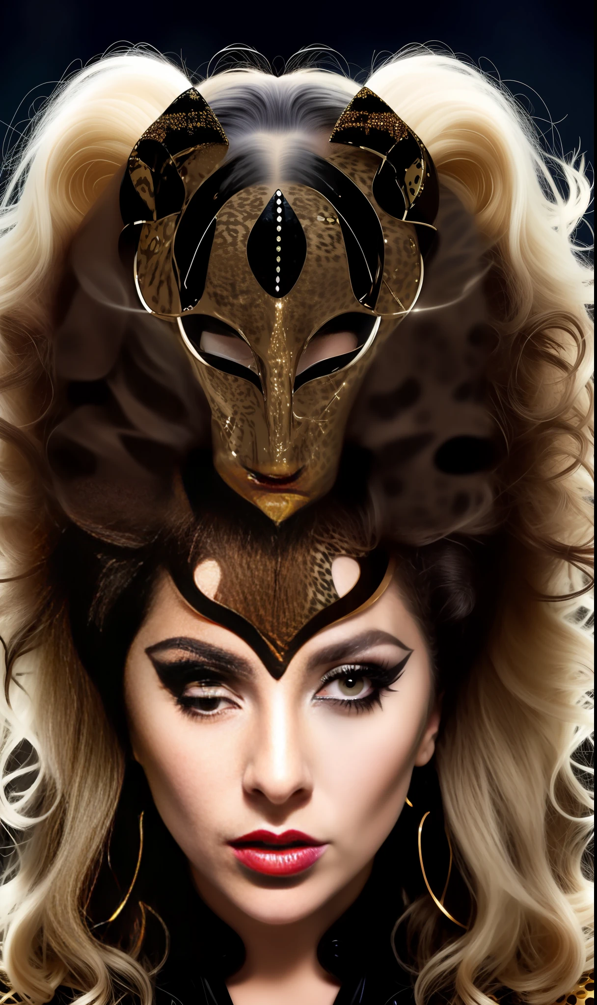 Lady Gaga Cheetah, 4K texture, long hair, high quality, extravagant hairstyle, original album cover, 8k image, futuristic, high image quality, at night, hair accessories, very realistic and defined face, full body, heroin robotic suit