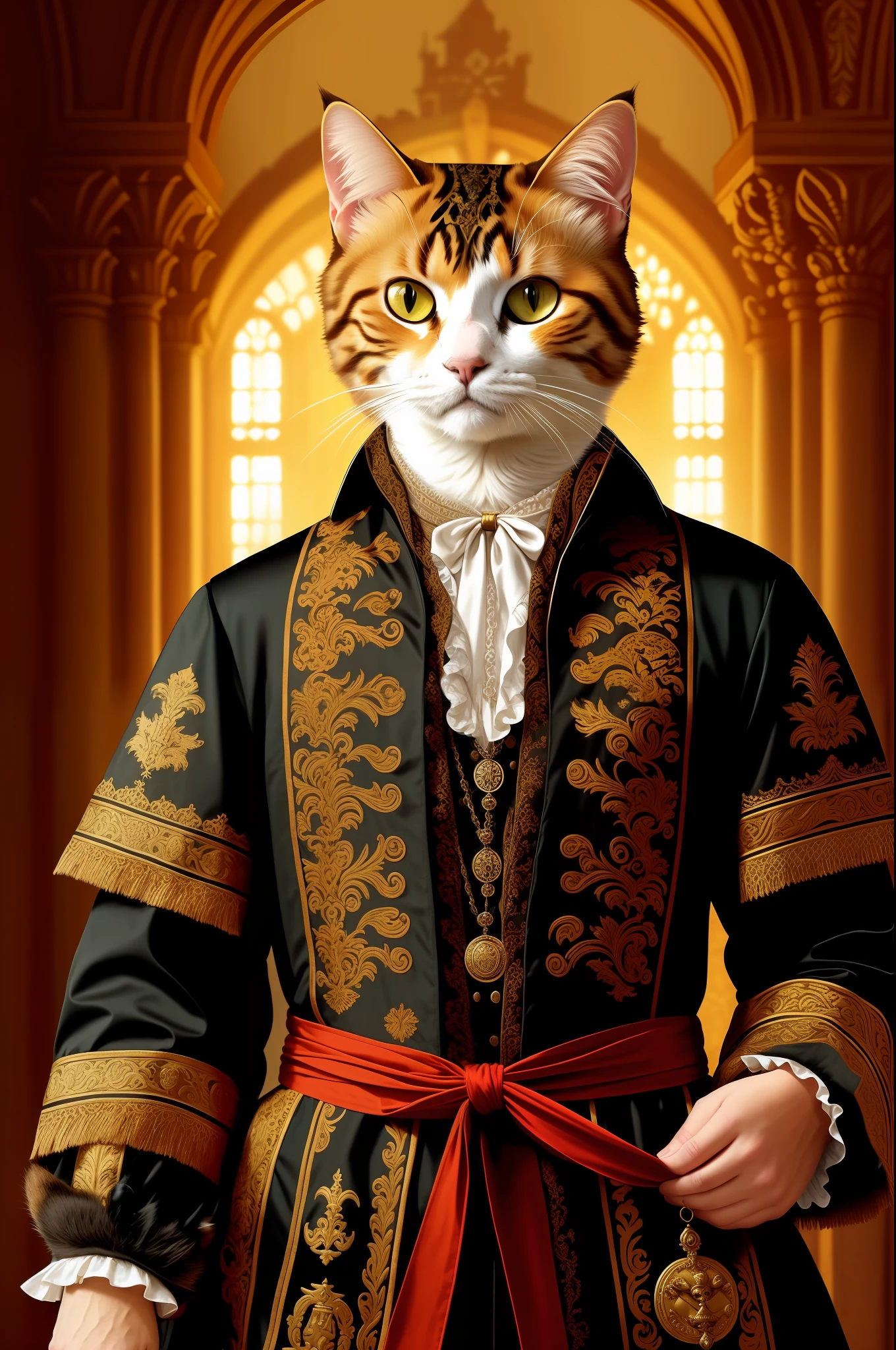 (masterpiece), animal, portrait of [man:cat:2] humanoid, pirate cat, cat one eye,wearing king clothes, intricate design clothing, cat legs, , Renaissance style screen, background inside castle, high details castle interior, face, soft lighting,