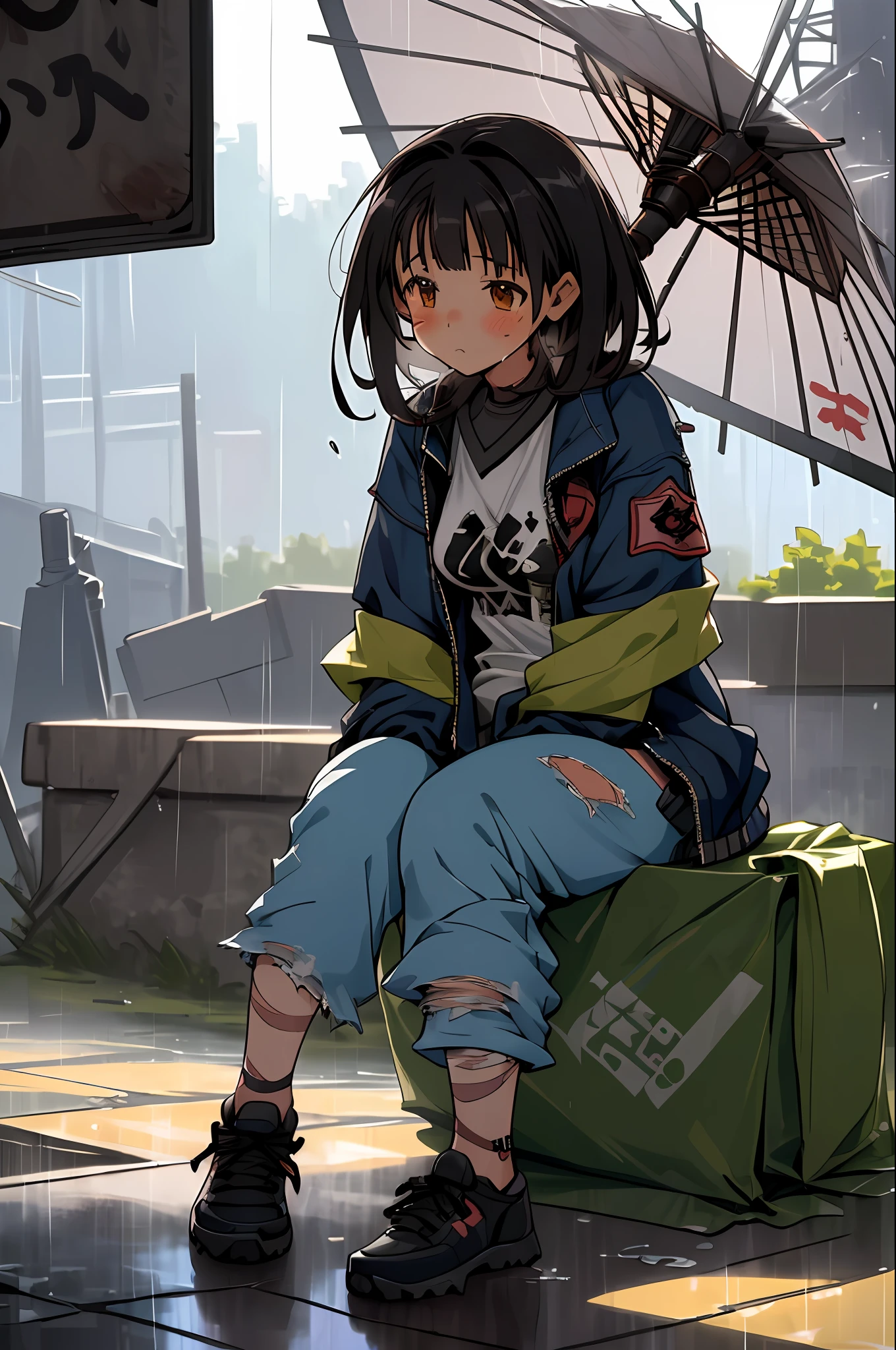 ((She has an extremely detailed and beautiful cute anime face)), 1girl, (homeless), ((raining)), ((full body)), ((asthma)), sitting, medium hair, flipped hair, (torn jacket), (torn shirt), (torn sweat pants), (torn shoes), slum quarters, (very precise detailed)