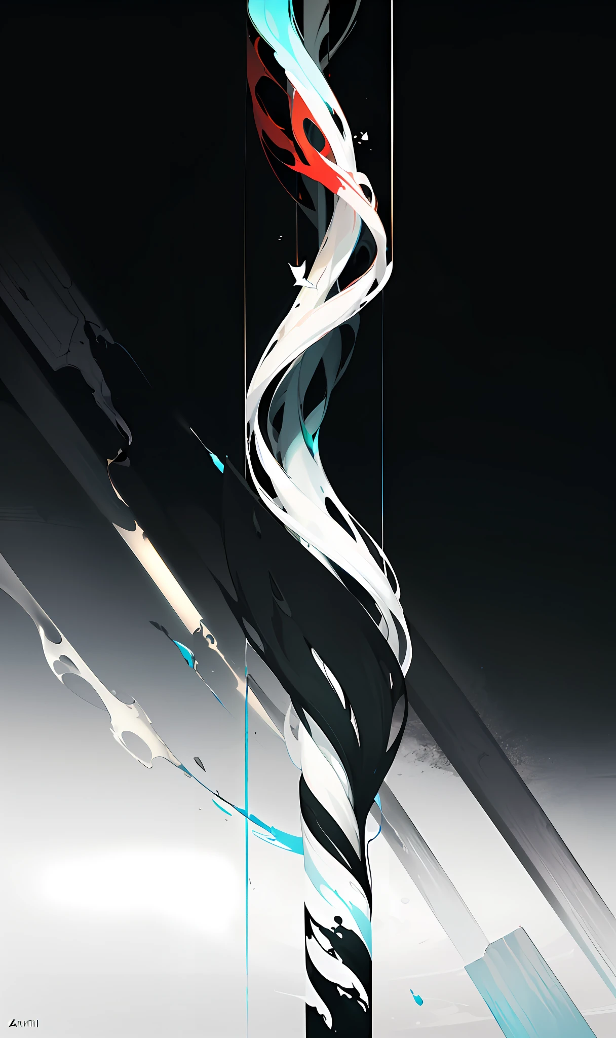 Abstract painting, (Zen, Amy Sol style), (broken bridge, smoke, back, big fish, white space, dark black), light abstract cover art, simple vector art, Chinese contemporary art, color gradient, pastel color palette, layered forms, whimsical animation, style ethereal abstraction, 4K, --v6