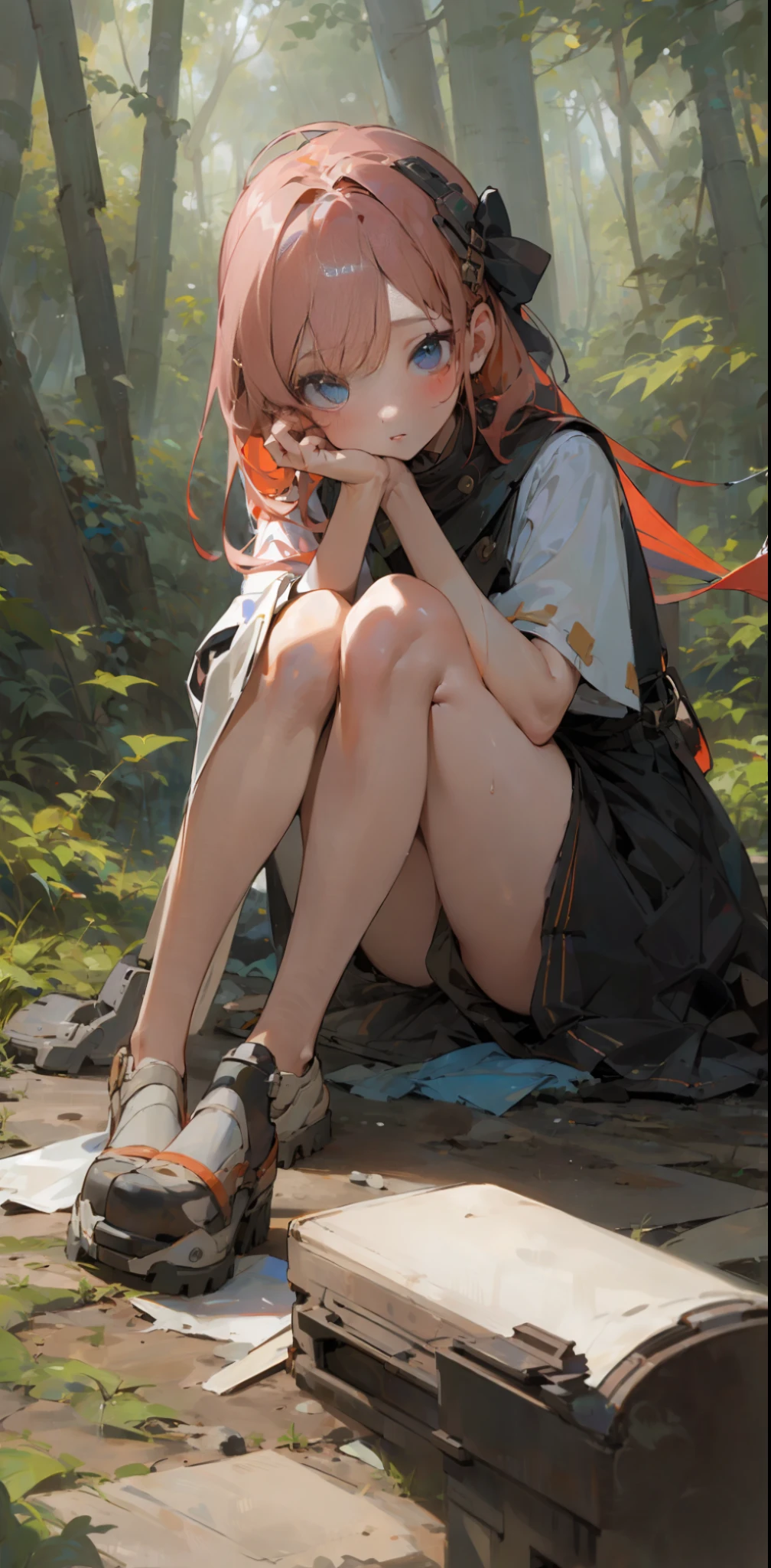 ((Masterpiece, Need for Good)), 1girl, (: 1.4), 130mm f1.4 lens, 1girl, solo, sitting on floor, bright light, forest, ruins