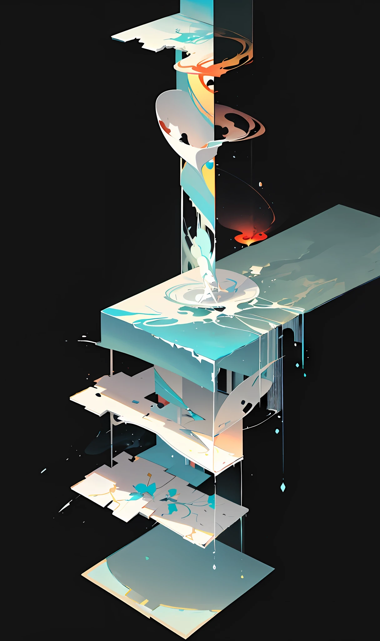 Posters, abstract paintings, (Zen, Amy Sol style), (broken bridges, smoke, backs, broken, white space, dark ones), light abstract cover art, simple vector art, Chinese contemporary art, color gradients, pastel color palettes, layered forms, whimsical animations, style ethereal abstraction, 4K, --v6
