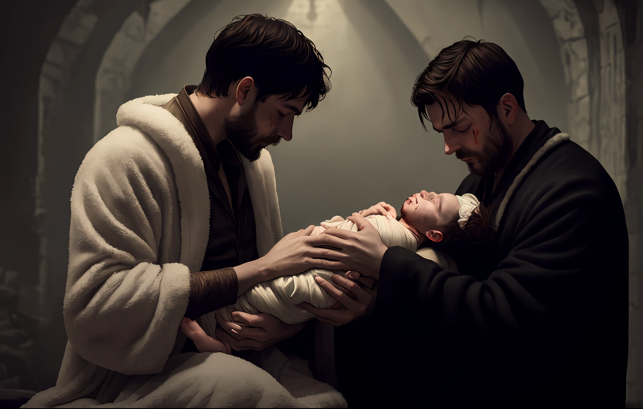 Sad father gently embracing dead baby with a fuzzy robe after murdered, blood, gore, dark, dungeon background capturing the serene moment in high resolution with impeccable lighting and dynamic angles, by Plastov