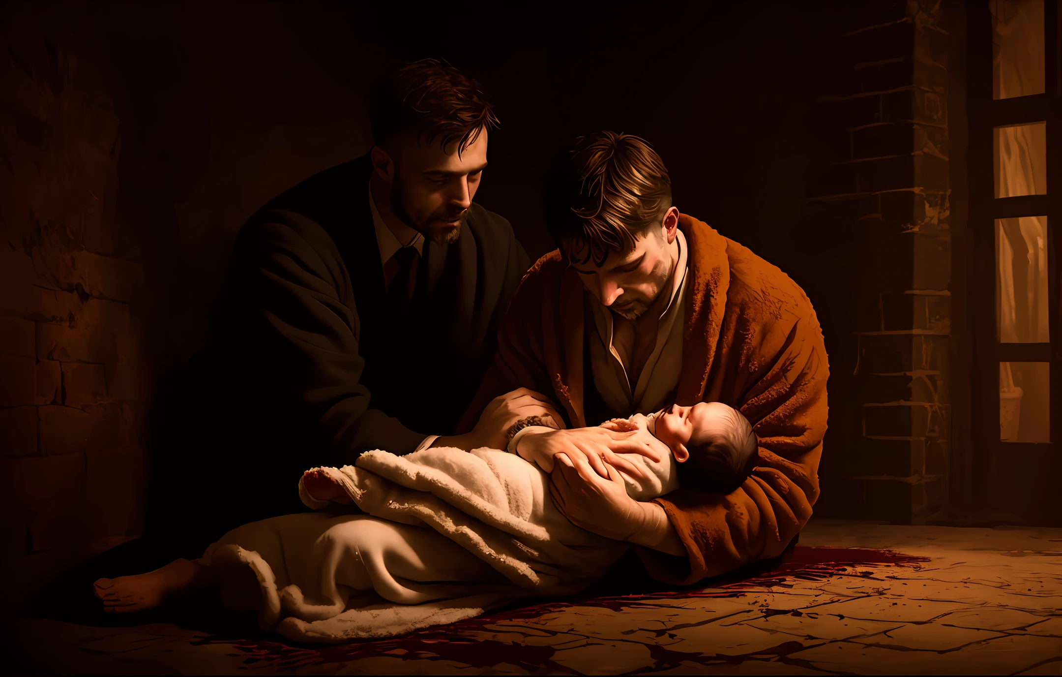 Sad father gently embracing dead with a fuzzy robe after murdered, blood, gore, dark, dungeon background capturing the serene moment in high resolution with impeccable lighting and dynamic angles, by Plastov