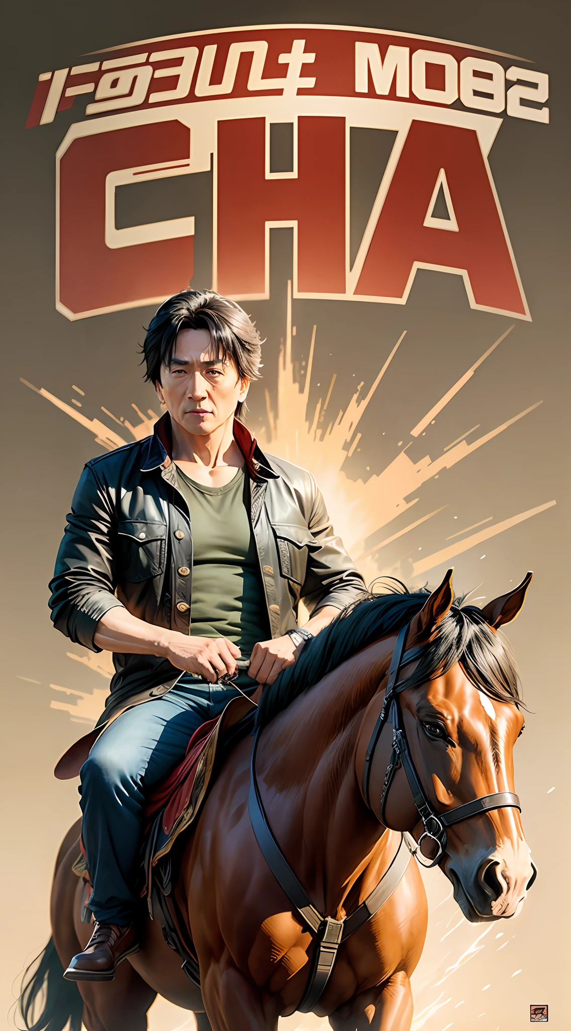 Movie poster, full body Jackie Chan and a horse, full body Eye-Level Shot, atmospheric perspective --v 6