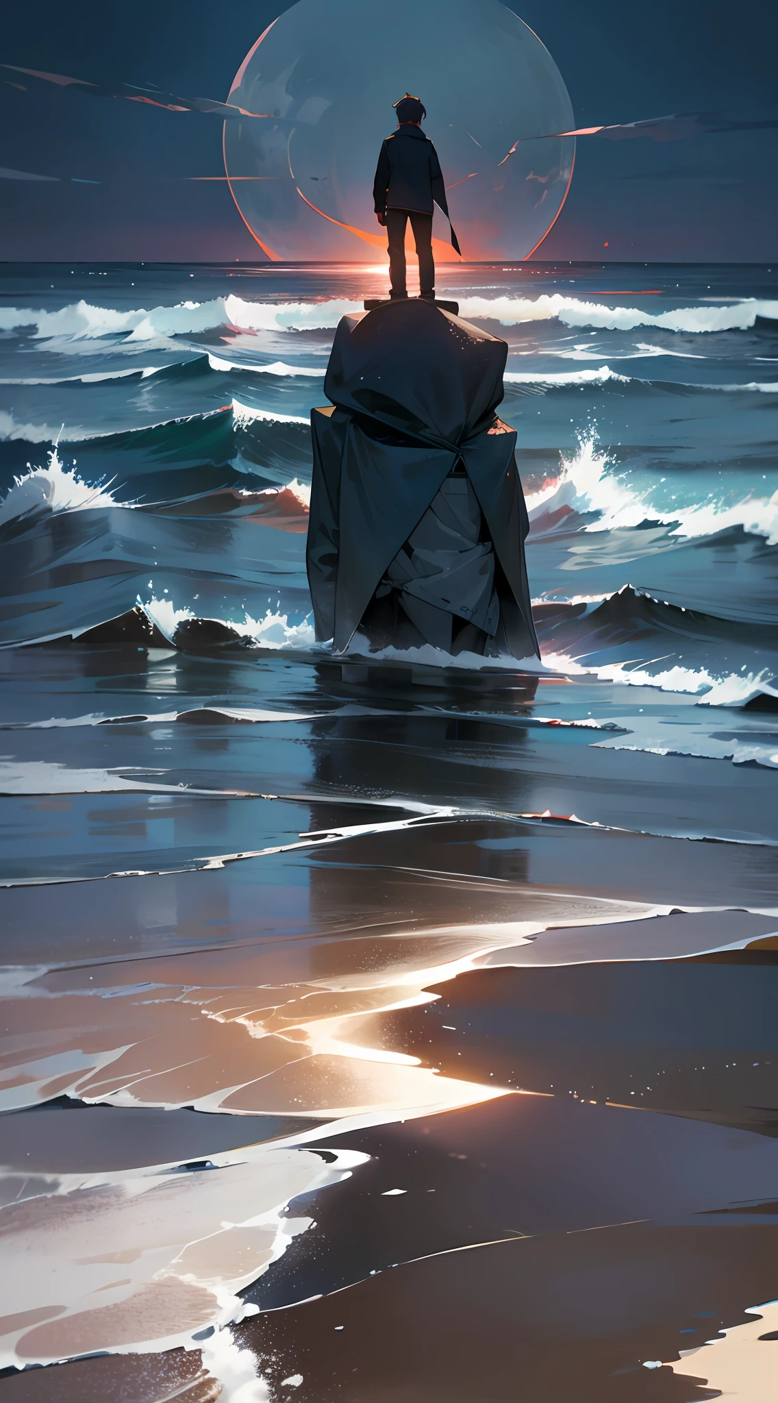 Movie poster making, horror, eerie atmosphere, night, big scene, sea, horror, far view, the main body is a man wearing modern casual clothes, leather jacket, inch head, standing on the beach, surrounded by reefs, separated by the sea, faintly lighthouse light in the distance, big scene, there is a very small figure in the distance, --v 6