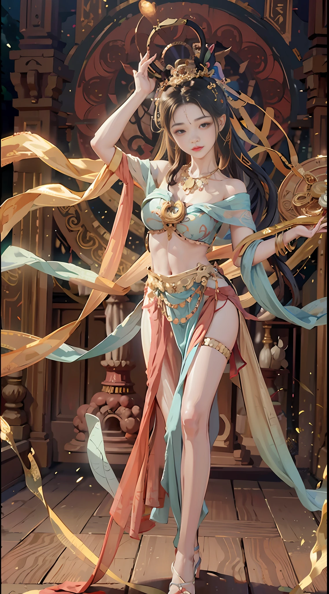 (8k, RAW photo, best quality, masterpiece:1.2), (realistic, photo-realistic:1.4), (extremely detailed CG unity 8k wallpaper), (1 girl:1.5), red spots on forehead, pale skin, blush, big eyes, full body, thighs, open navel, gold waist chain, gold ornaments, flying ribbons, particles, background is Loulan ancient city, ancient city wall, desert, dance, dunhuang_dress, dunhuang_style,