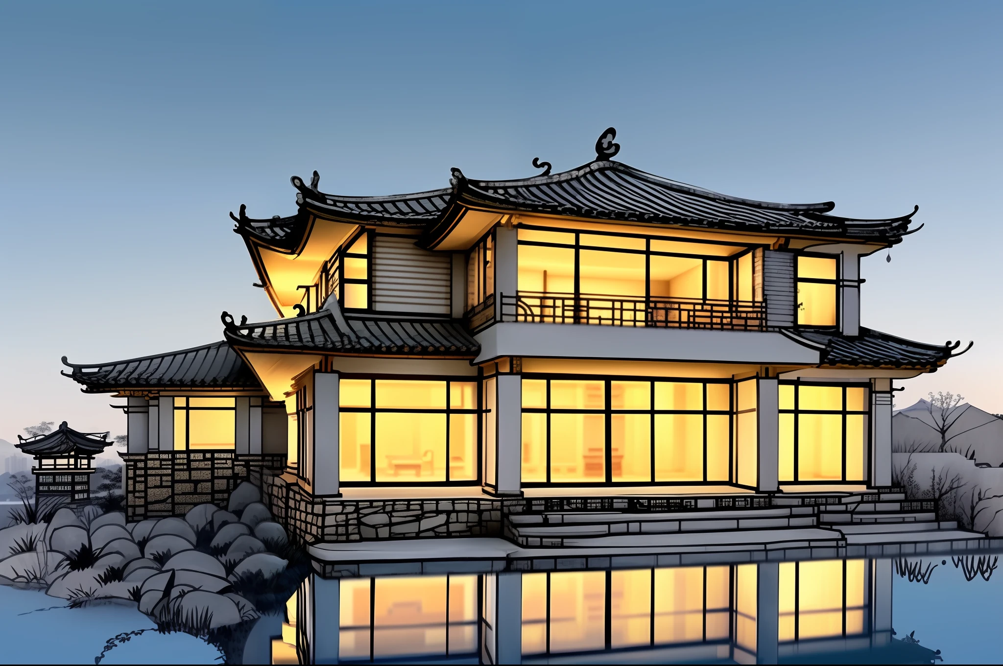 (An extremely Chinese-style scene), (Sketch architecture), (Siheyuan), (Water reflection), (Curve): (0.6), [(Stone lion), (Adding details), (Tiled house)]: (0.4).