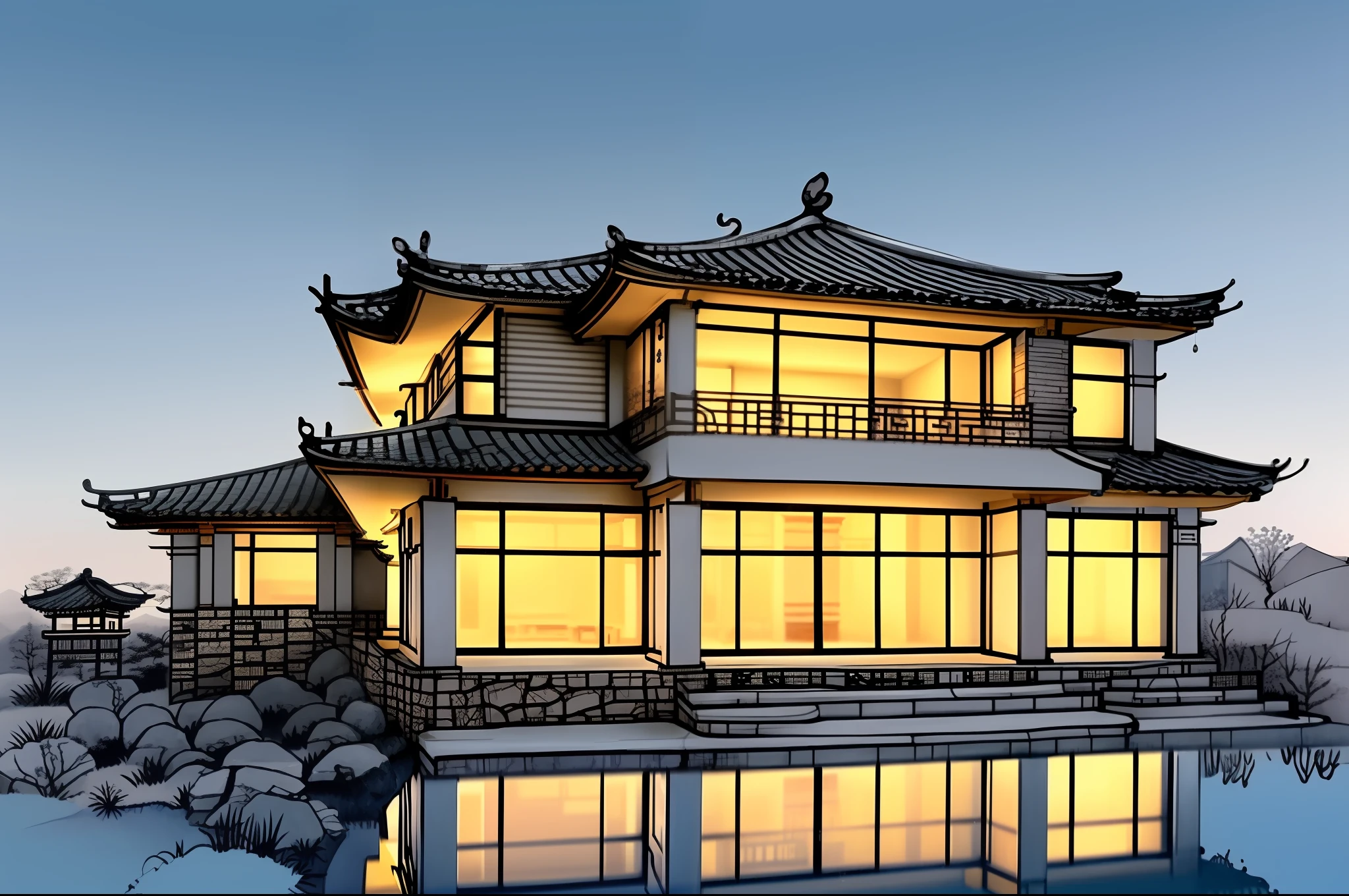 (An extremely Chinese-style scene), (Sketch architecture), (Siheyuan), (Water reflection), (Curve): (0.6), [(Stone lion), (Adding details), (Tiled house)]: (0.4).