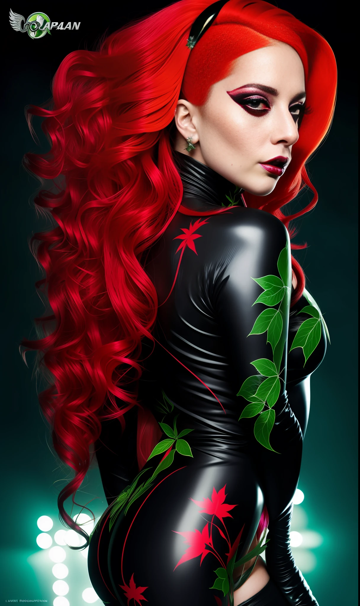 Lady GaGa poison ivy, 4K texture, long hair, high quality, extravagant hairstyle, original album cover, 8k image, futuristic, high image quality, at night, hair accessories, very realistic and defined face, full body, heroin robotic suit, high quality lady gaga face, full body, various poses