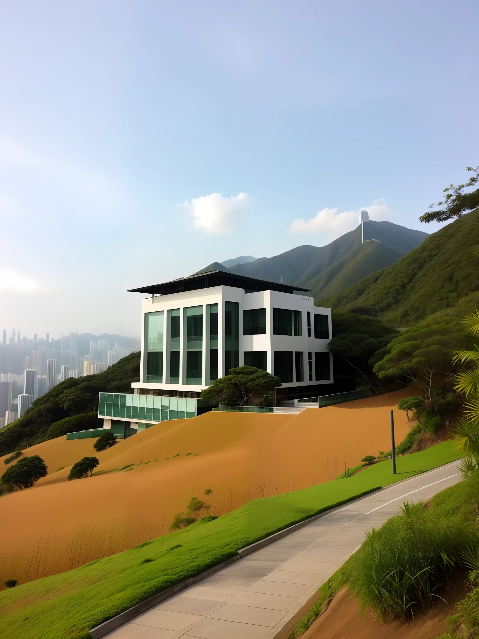 There is a Hong Kong building on the hill, and in the background is a mountain, Hong Kong architecture