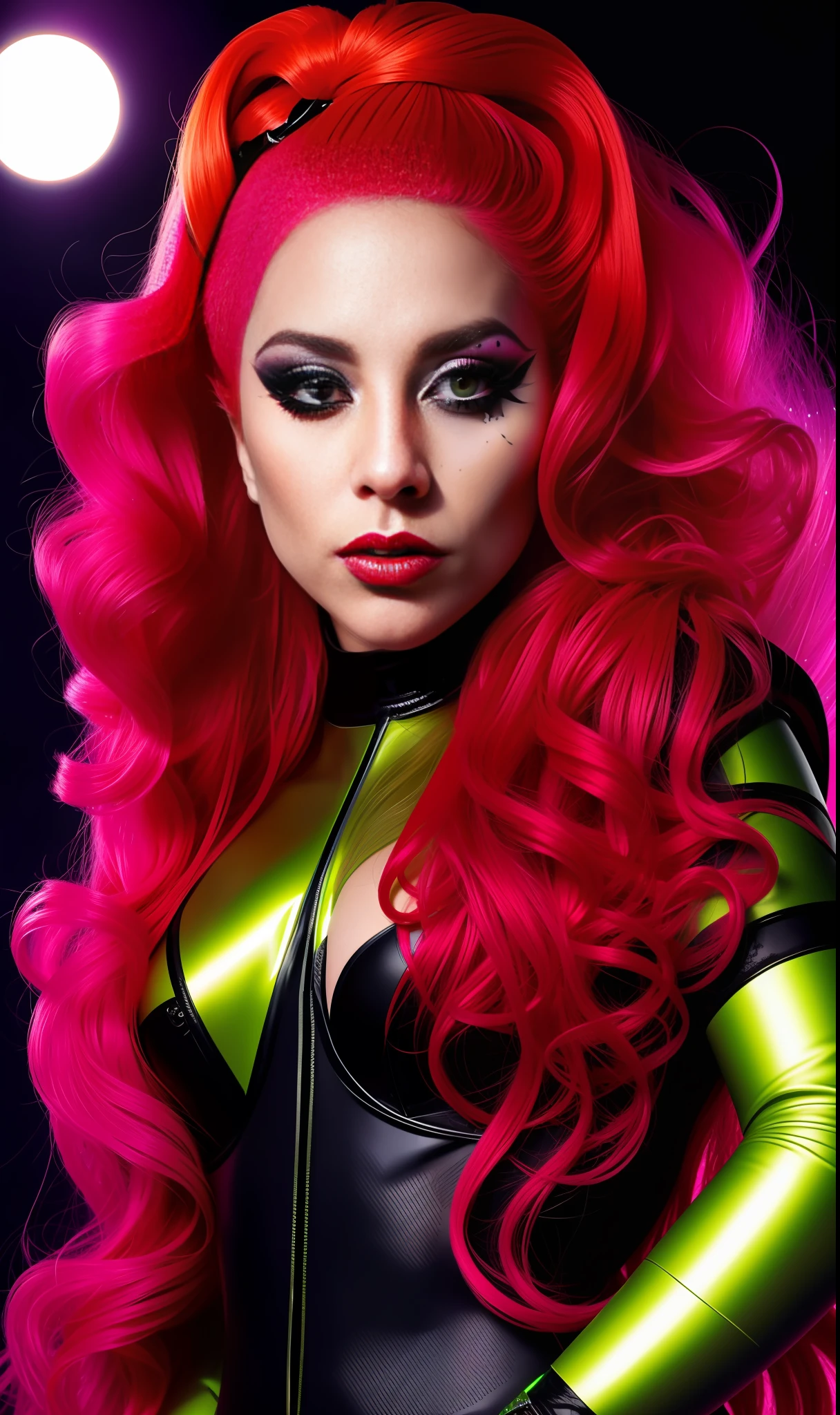 Lady GaGa poison ivy, 4K texture, long hair, high quality, extravagant hairstyle, original album cover, 8k image, futuristic, high image quality, at night, hair accessories, very realistic and defined face, full body, heroin robotic suit, high quality lady gaga face, full body, various poses