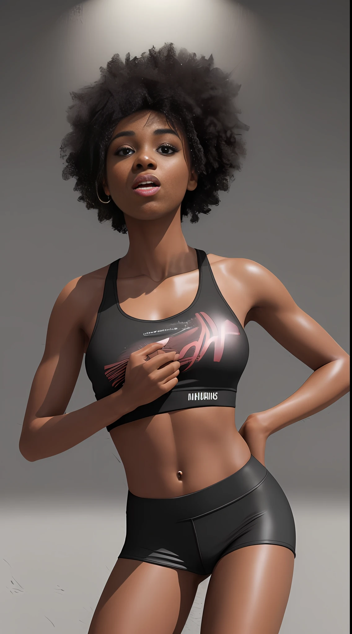 a black ebony woman, skinny, beautiful abs and gourgeous lips. dancing in rain, wearing short leggings shorts, top withe t-shirt, and run snickers. photorealistic lighting, ultra definitely, street, blur background, masterpiece, 8k, hd, high definition, detailed, skin texture, hyper detailed, armature, best quality, ultra high res, high resolution, detailed