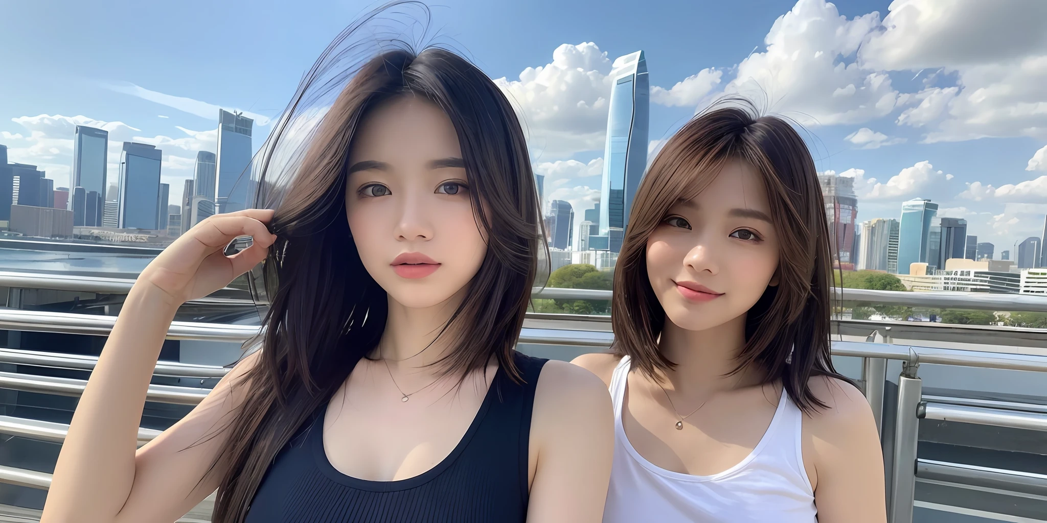 ((Best quality, 8k, Masterpiece :1.3)), Sharp focus :1.2, Perfect Body Beauty: 1.4, Slim Abs: 1.2, ((Layered Hairstyle, Small Boobs:1.2)), (Tank top shirt:1.1 ) , (cityscape: 1.2), highly detailed face and skin texture, detailed eyes, double eyelids, beautiful detailed sky, city bridge, afternoon, standing, upper body, student shirt, cityscape