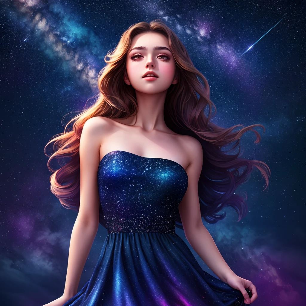 masterpiece, best quality, high quality, absurdres, 1girl, star \(sky\), 1girl, starry sky, dress, solo, long hair, light particles, gradient, gradient background, bare shoulders, night sky