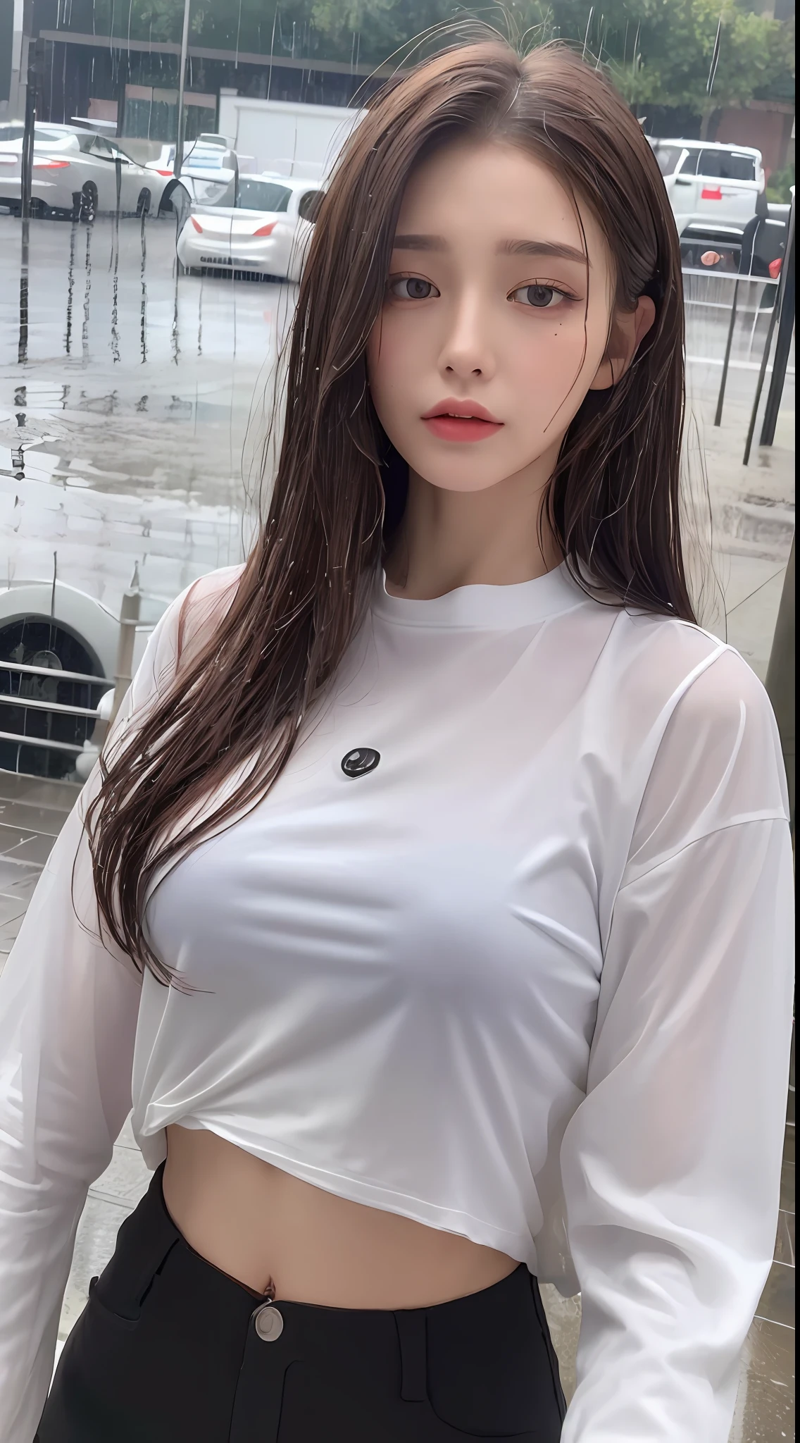 ((Best quality, 8k, Masterpiece :1.3)), 1girl, Pretty woman with slender abs :1.3, (Dark brown hair, Breasts :1.3), (Wet white long sleeves shirt, soak by rain, street :1.2), Ultra-detailed face, Detailed eyes, Double eyelid