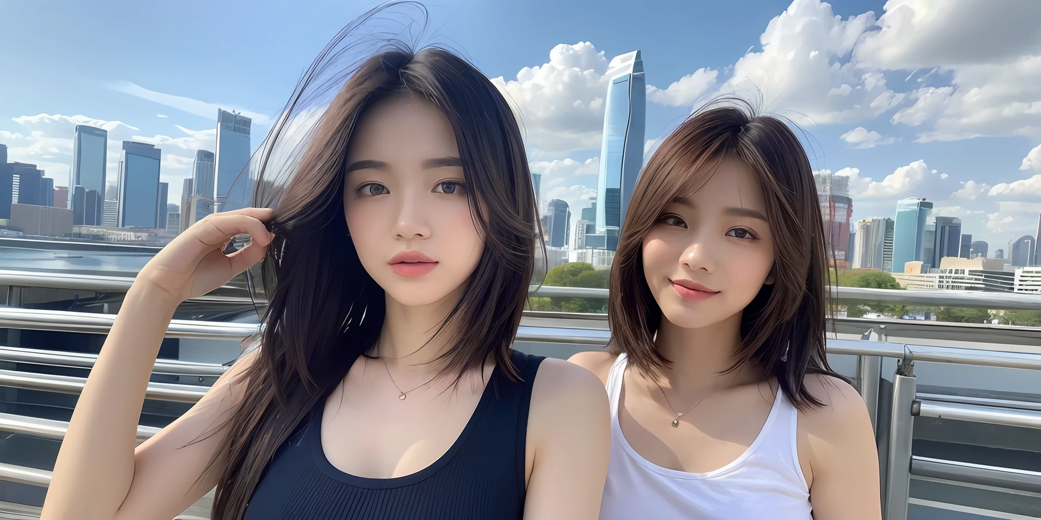 ((Best quality, 8k, Masterpiece :1.3)), Sharp focus :1.2, Perfect Body Beauty:1.4, Slim Abs:1.2, ((Layered hairstyle, Small tits:1.2)), (Tank top shirt:1.1 ), (Cityscape:1.2), Highly detailed face and skin texture, Detailed eyes, Double eyelids, Beautiful details sky, city bridge, afternoon, standing, upper body, Student shirt, city view, (hands not shown: 1.2)