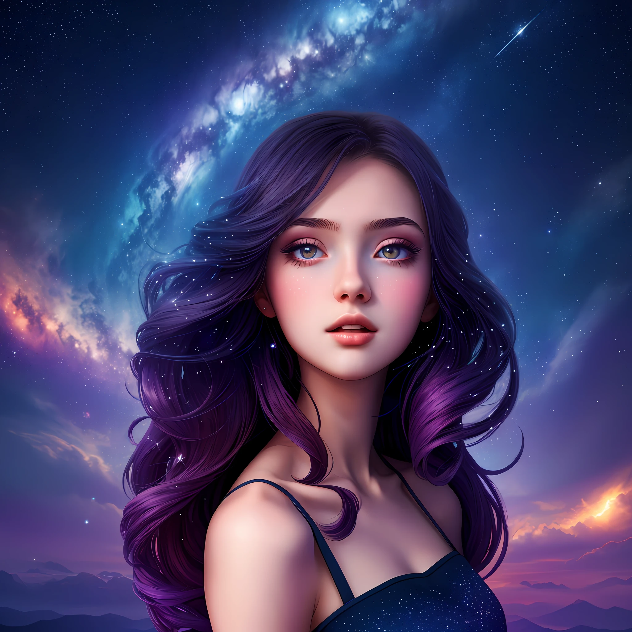 masterpiece, best quality, high quality, absurdres, 1girl, star \(sky\), 1girl, starry sky, dress, solo, long hair, light particles, gradient, gradient background, bare shoulders, night sky