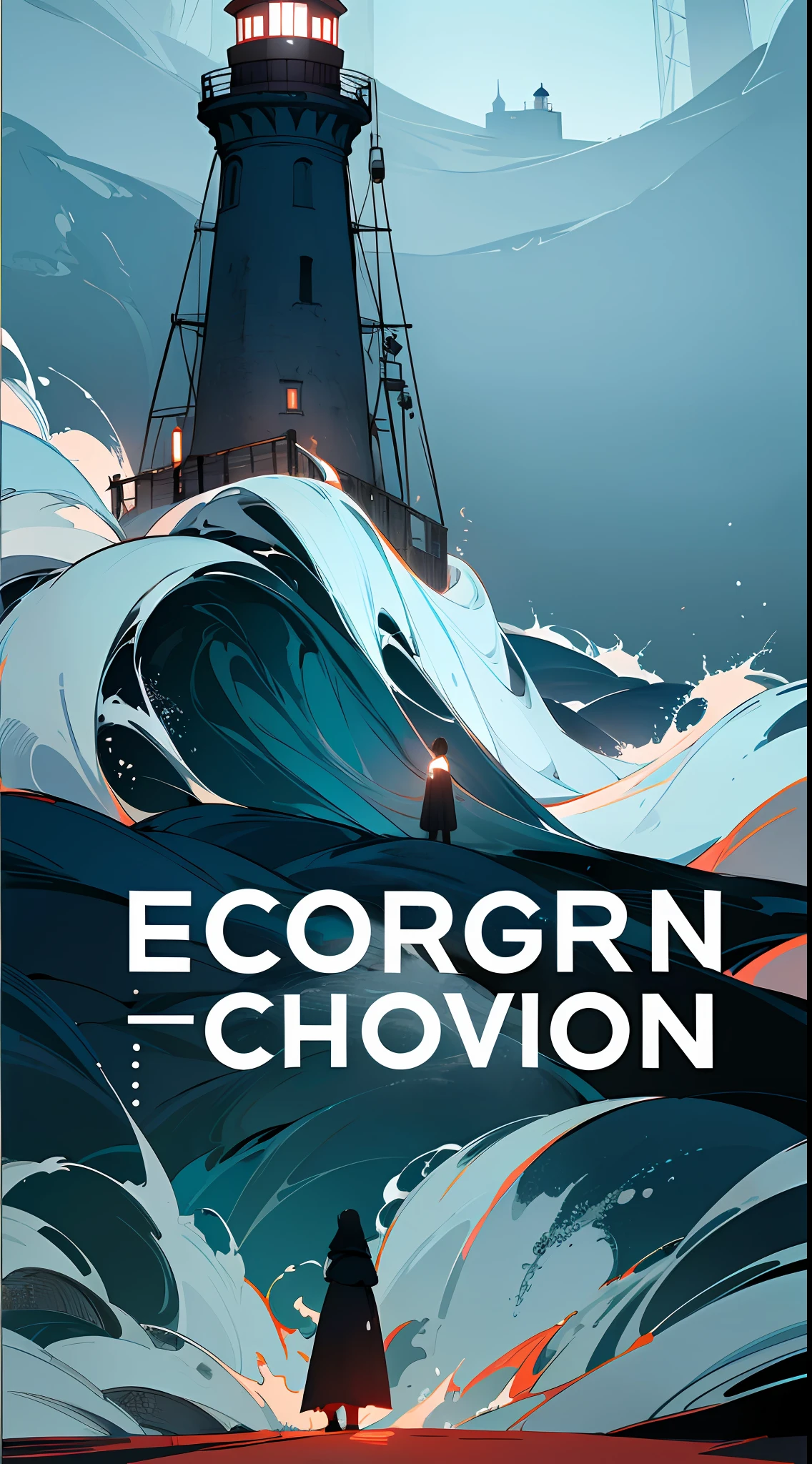 Movie poster production, horror, eerie atmosphere, evening, big scene, sea, horror, lighthouse in the distance, distant view, characters and lighthouse are very small, there is a slightly bright lighthouse in the distance, big scene, there is a small lighthouse in the distance figure of --v 6