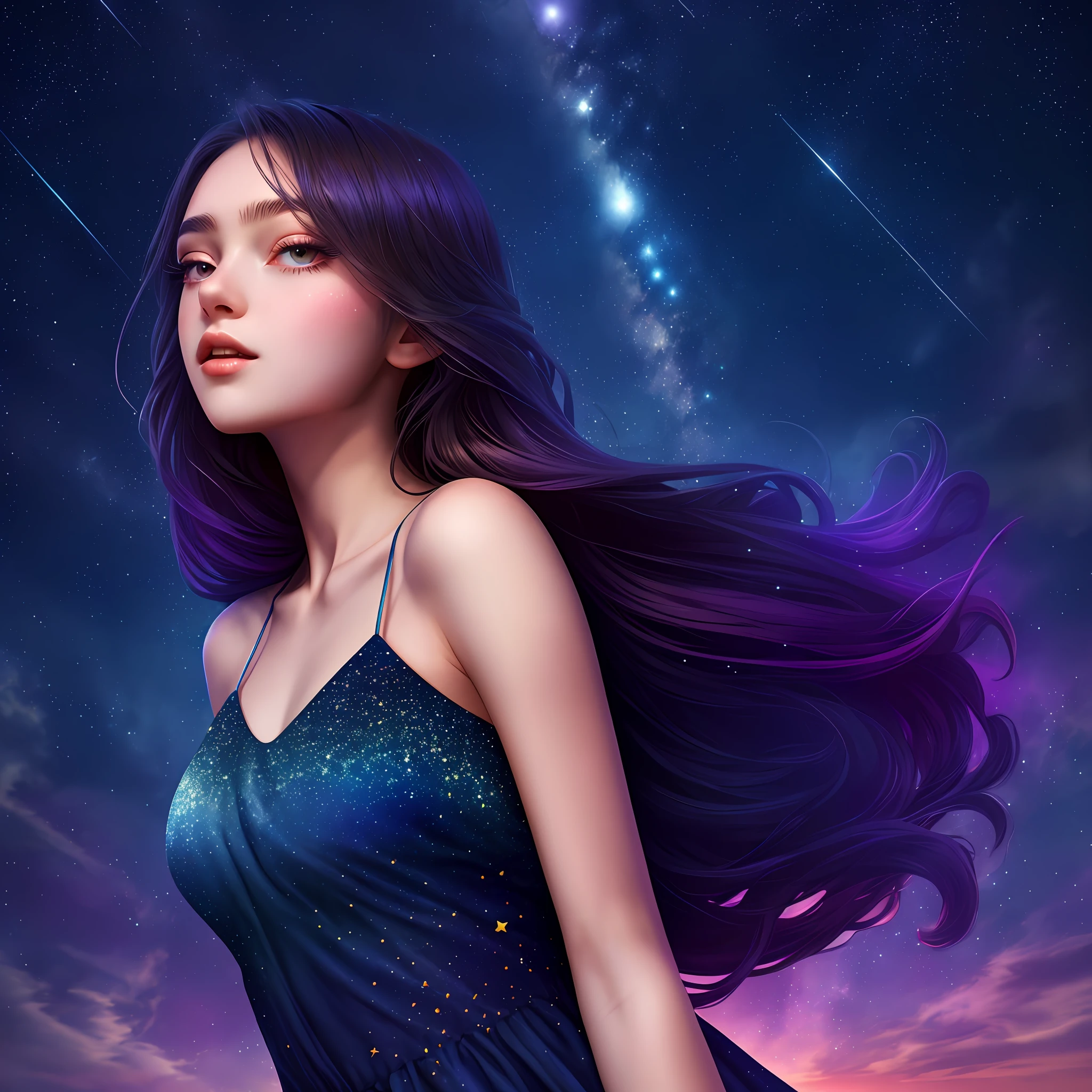 masterpiece, best quality, high quality, absurdres, 1girl, star \(sky\), 1girl, starry sky, dress, solo, long hair, light particles, gradient, gradient background, bare shoulders, night sky