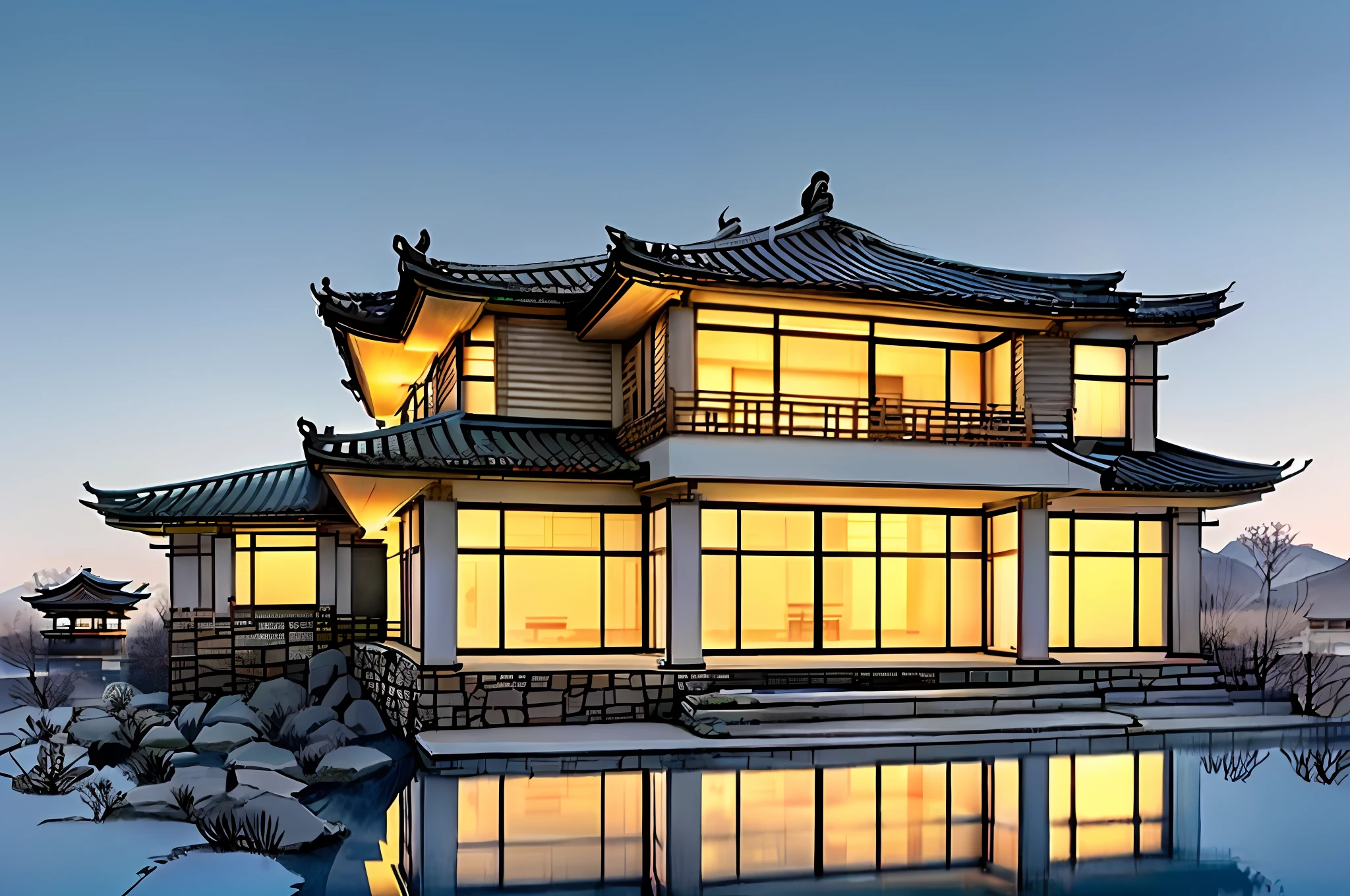 arafed house with a pool and a reflection in the water, japanese house, japanese architecture, inspired by Tōshi Yoshida, japanese glass house, ancient japanese architecture, japanese design, japanese style, japanese influences, chinese architecture, inspired by Yoshida Hanbei, inspired by Itō Jakuchū, rendered in lumion pro, japanese art style