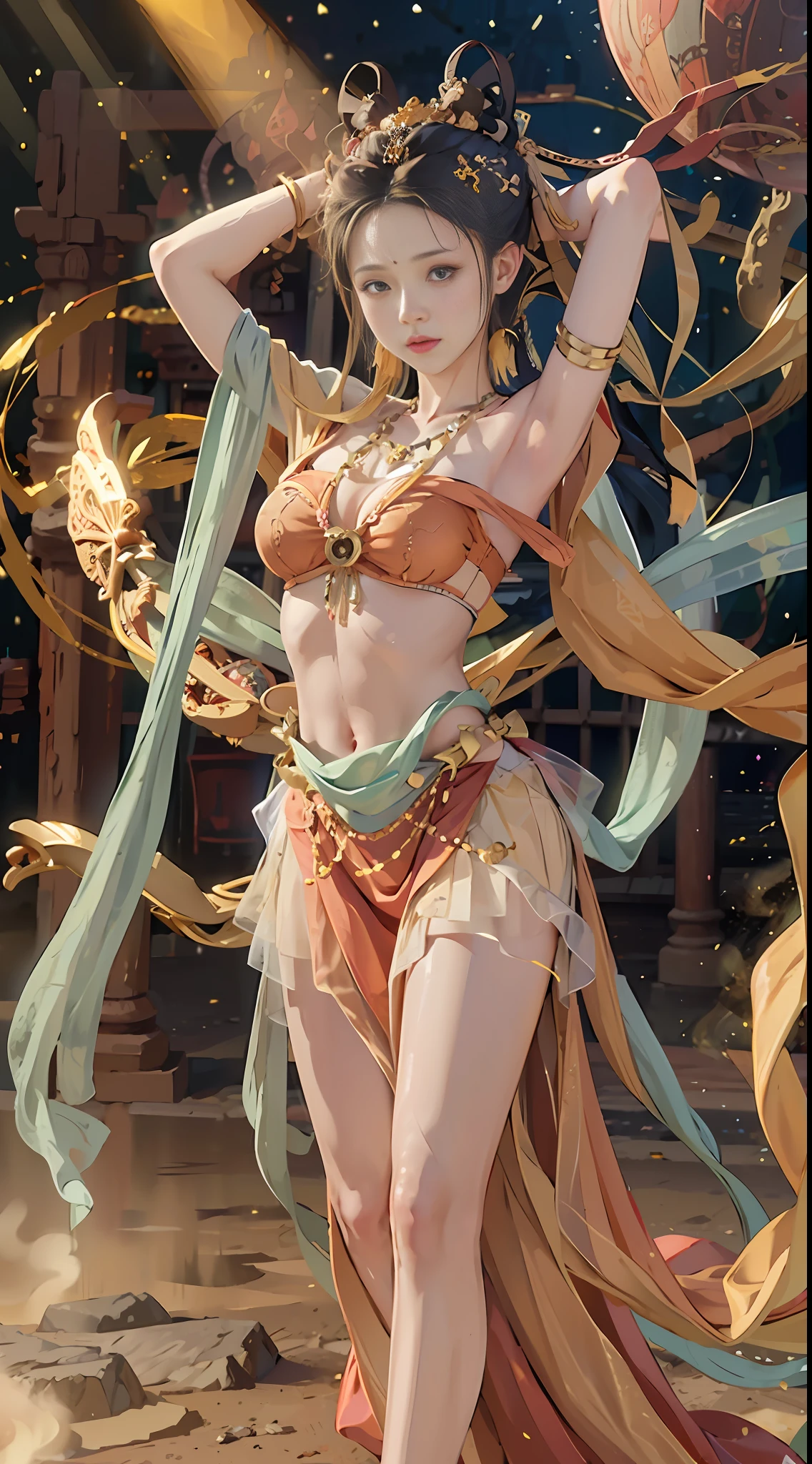 (8k, RAW photo, best quality, masterpiece:1.2), (realistic, photo-realistic:1.4), (extremely detailed CG unity 8k wallpaper), (1 girl:1.5), (yellow skirt: 1.4), red dots on forehead, pale skin, blush, big eyes, full body, thighs, open belly button, gold waist chain, gold ornaments, flying ribbons, particles, background is Loulan ancient city, ancient city wall , desert, dance, dunhuang_dress, dunhuang_style,