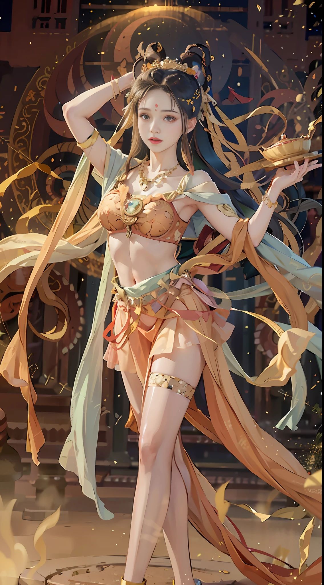 (8k, RAW photo, best quality, masterpiece:1.2), (realistic, photo-realistic:1.4), (extremely detailed CG unity 8k wallpaper), (1 girl:1.5), (yellow skirt: 1.4), red dots on forehead, pale skin, blush, big eyes, full body, thighs, open belly button, gold waist chain, gold ornaments, flying ribbons, particles, background is Loulan ancient city, ancient city wall , desert, dance, dunhuang_dress, dunhuang_style,