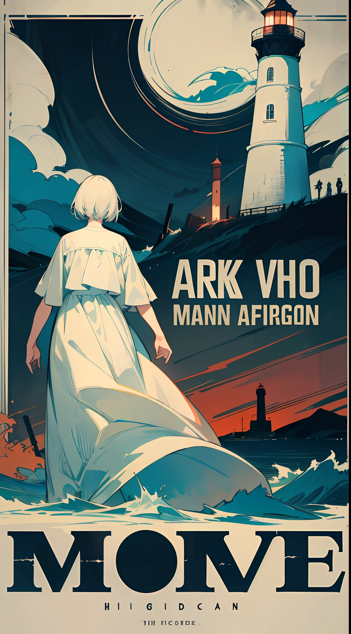 Movie poster making, horror, eerie atmosphere, night, big scene, sea, horror, far view, the subject is a man's back in front of the camera, the background is a lighthouse and a woman in a white dress, big scene, there is a small figure in the distance, --v 6