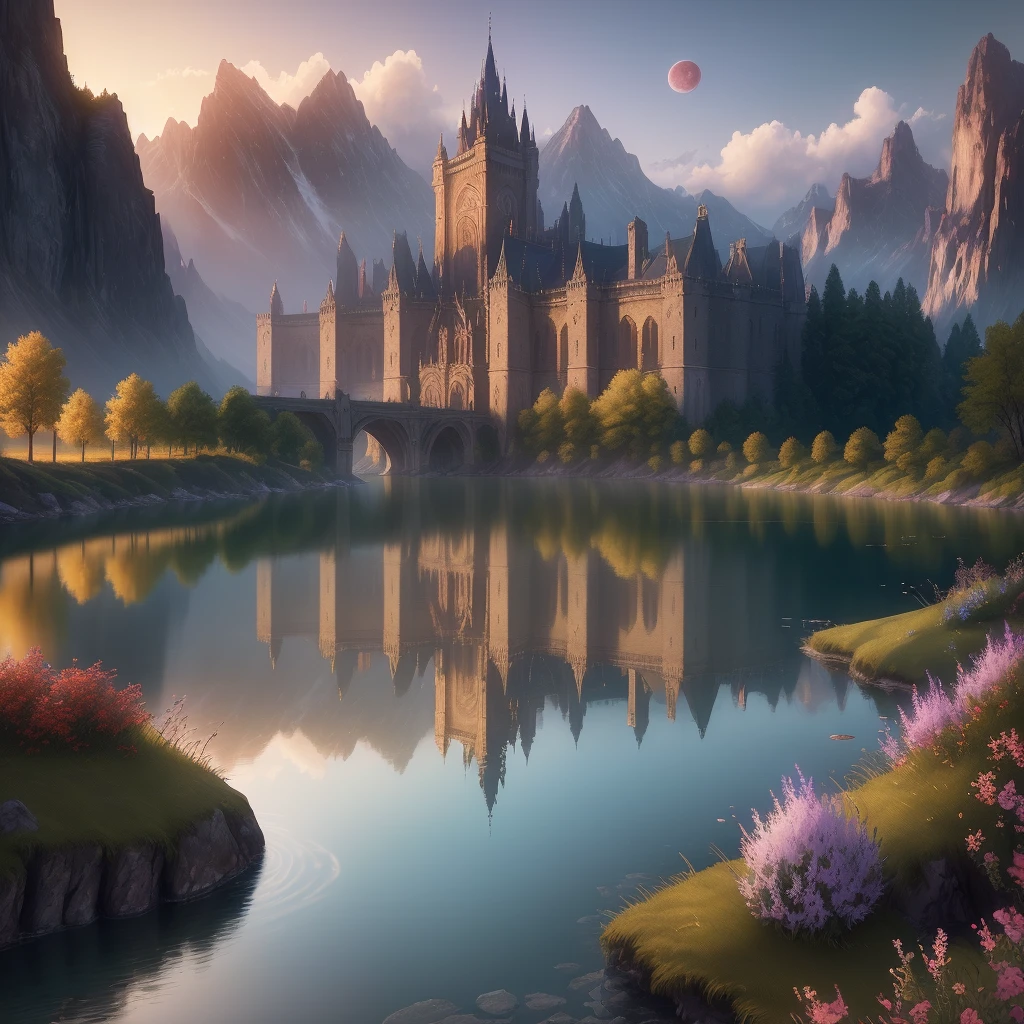 Masterpiece, best quality, high quality, extremely detailed CG unity 8k wallpapers, landscapes, perfect reflections, stunning water surfaces. outdoors, sky, clouds, dusk, no humans, castle, gothic, mountains, landscape, water, trees, blood moon, waterfall, cliffs, nature, lake, river, cloudy sky, detail enhancement, detail enhancement, no flaw. Award Winning Photography, Bokeh, Depth of Field, HDR, Bloom, Chromatic Aberration, Photorealism, Highly Detailed, Intricate, High Detail, Dramatic, Castlevania,