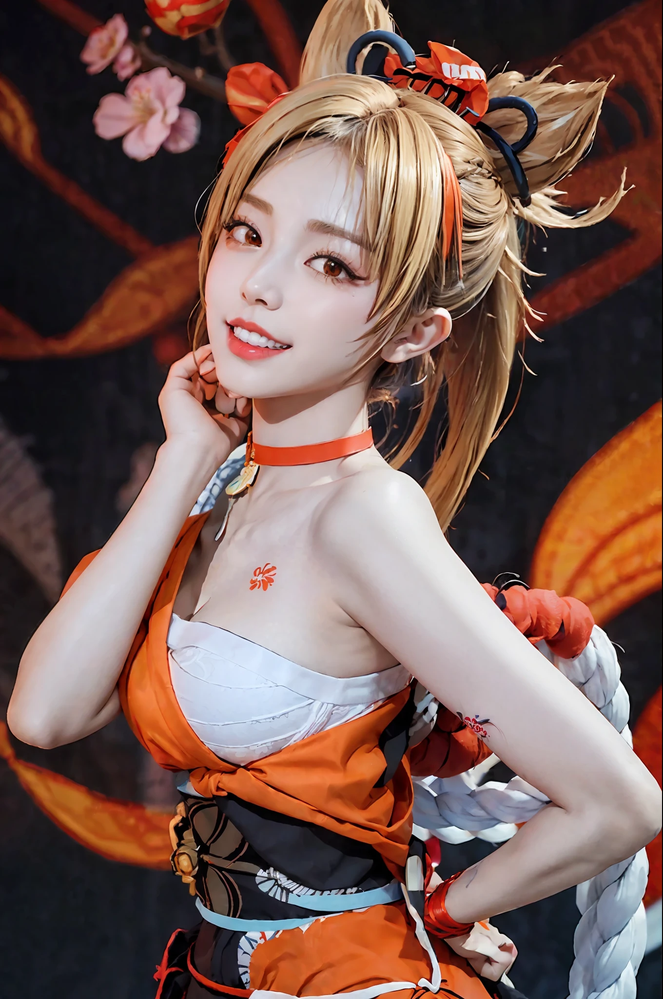 masterpiece, best quality, highres, 1girl, blonde hair, medium hair, asymmetrical hair, floating hair, hair between eyes, high ponytail, sidelocks, hair ornament, fish hair ornament, tassel, kanzashi, bangs, orange eyes, open mouth, smile, teeth, upper teeth only, choker, red choker, pendant choker, butterfly choker, collarbone, tattoo, chest tattoo, flower tattoo, cleavage, medium breasts, thighs, bandages, bandaged leg, sarashi, budget sarashi, chest sarashi, black sash, hadanugi dousa, houkisei, japanese clothes, kimono, kinchaku, obi, obiage, obijime, orange kimono, pouch, print kimono, rope, sash, shimenawa, short kimono, single bare shoulder, vision (genshin impact), east asian architecture, cherry blossoms, full body, arms behind back,