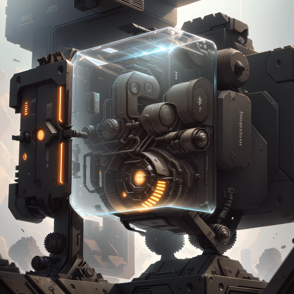 Small cube, science fiction, futuristic technology, simple structure, glass texture