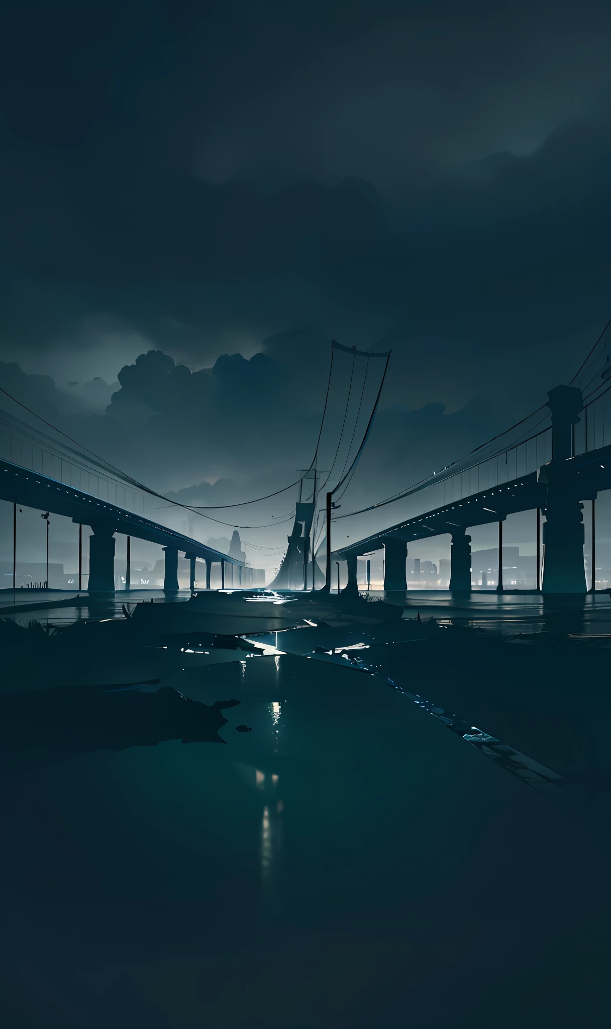 Movie poster, simple colors, cool tones, dark night, broken bridge, gloomy, suspenseful, style ethereal abstraction, (illustration: 1.0), epic composition, HD details, masterpiece, best quality, (very detailed CG unified 8k wallpaper) --v 6