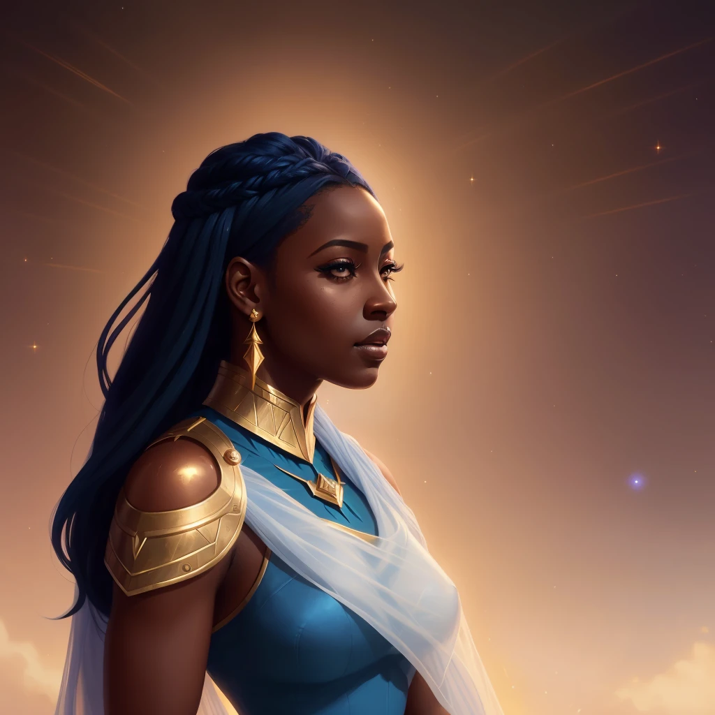 a close up of a woman with a blue dress and gold jewelry, dark skin female goddess of love, portrait of ororo munroe, portrait of female paladin, charlie bowater character art, a stunning portrait of a goddess, samira from league of legends, portrait of queen of light, epic portrait illustration, inspired by Thomas Blackshear, portrait of modern darna