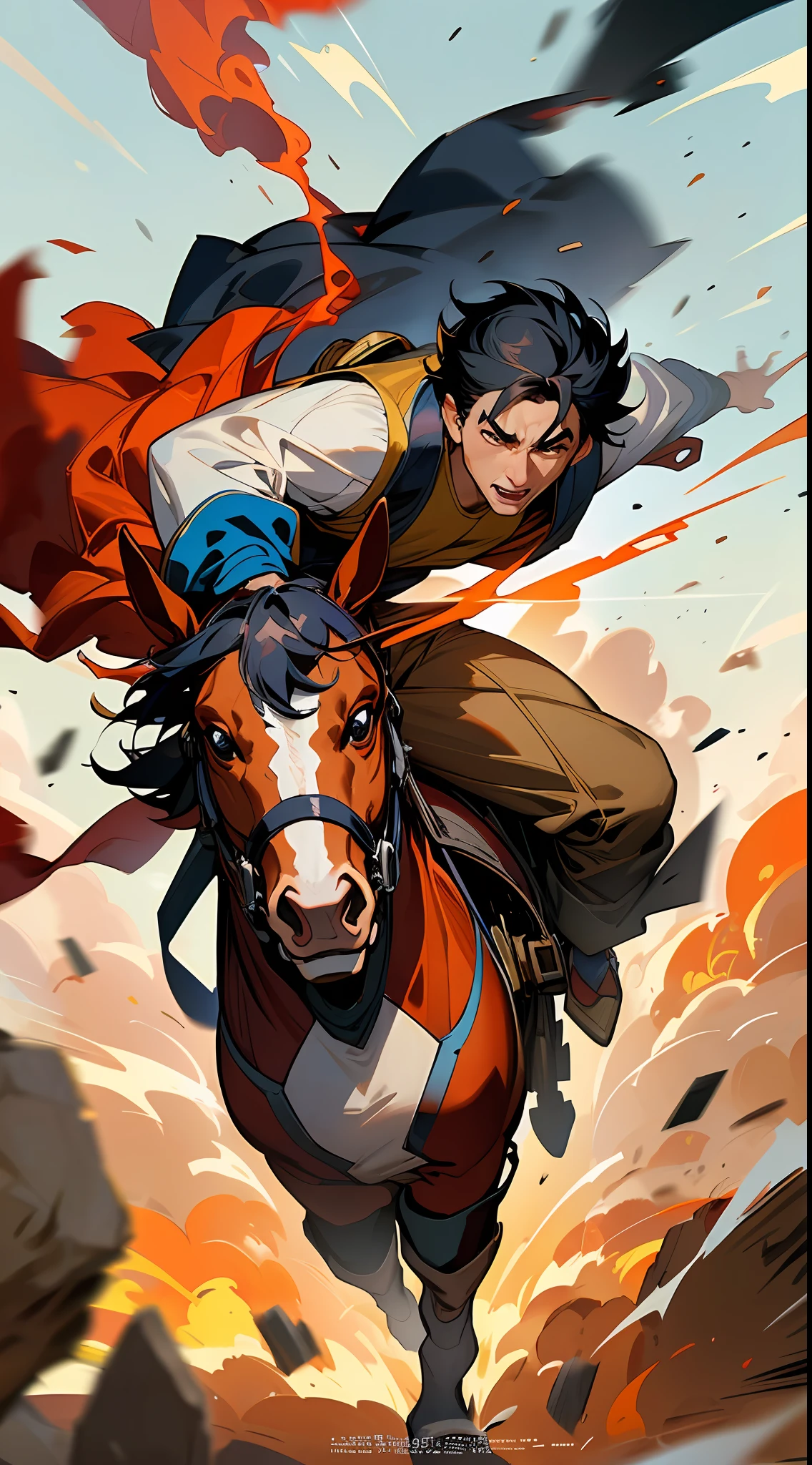 Movie poster, short-haired man (Jackie Chan) riding a horse rushing forward, with ruins, explosions, danger, danger ahead, dark night in the background