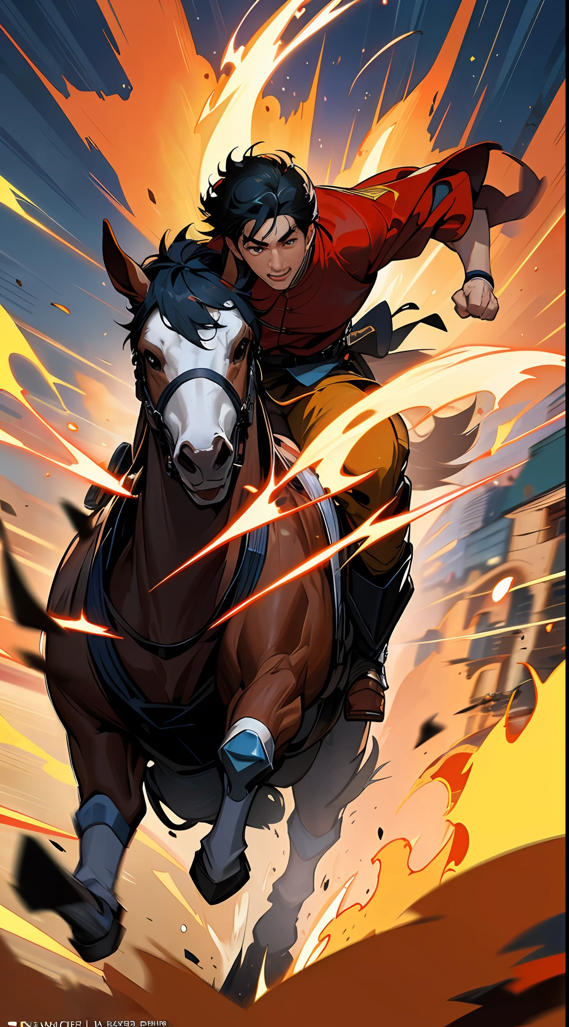 Movie poster, short-haired man (Jackie Chan) riding a horse rushing forward, with ruins, explosions, danger, danger ahead, dark night in the background