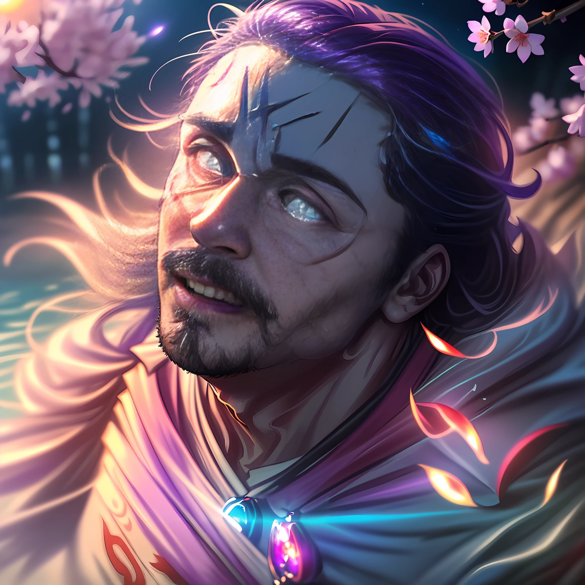 ((James Franco:werePanda in the foreground)), shot in 4k, ((bamboo forest, cherry blossoms falling in the background, a gentle wind, sunny day, river))=1.3, contented face:bemused, looking at viewer, masterpiece, vibrant lighting, ultrarealistic, beautiful eyes, age 27, cinematic lighting, (((demonic cherry blossoms falling in background))), (angle from above), (age 30 male), (celestial bioluminescent eyes), ((breath-taking sunset:purple)), (((masterpiece)))=1.6