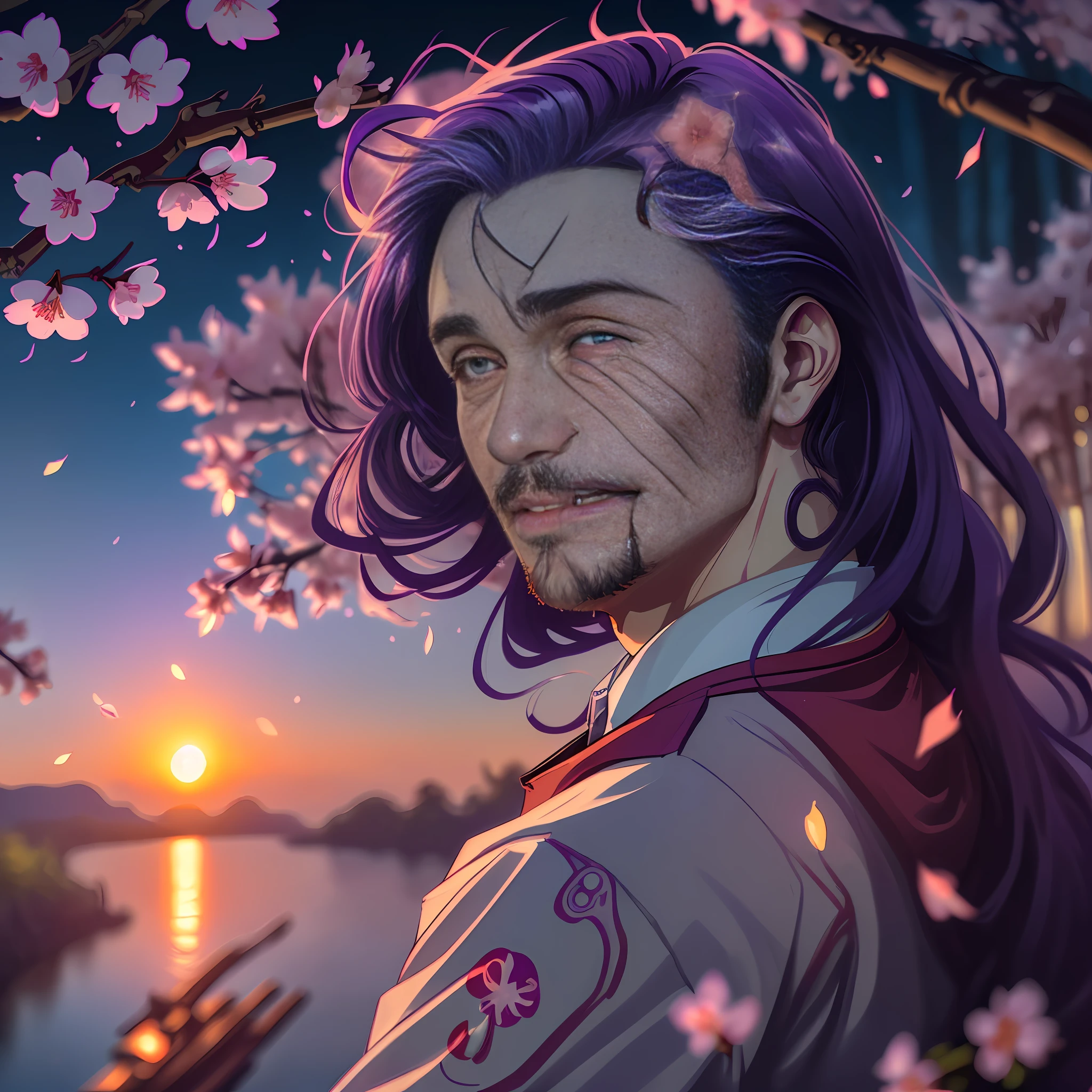 ((James Franco:werePanda in the foreground)), shot in 4k, fisheye lens, ((bamboo forest, cherry blossoms falling in the background, a gentle wind, sunny day, river))=1.3, contented face:bemused, looking at viewer, masterpiece, vibrant lighting, ultrarealistic, beautiful eyes, age 27, cinematic lighting, (((demonic cherry blossoms falling in background))), (angle from behind), (age 30 male), (celestial bioluminescent eyes), ((breath-taking sunset:purple)), (((masterpiece)))=1.6