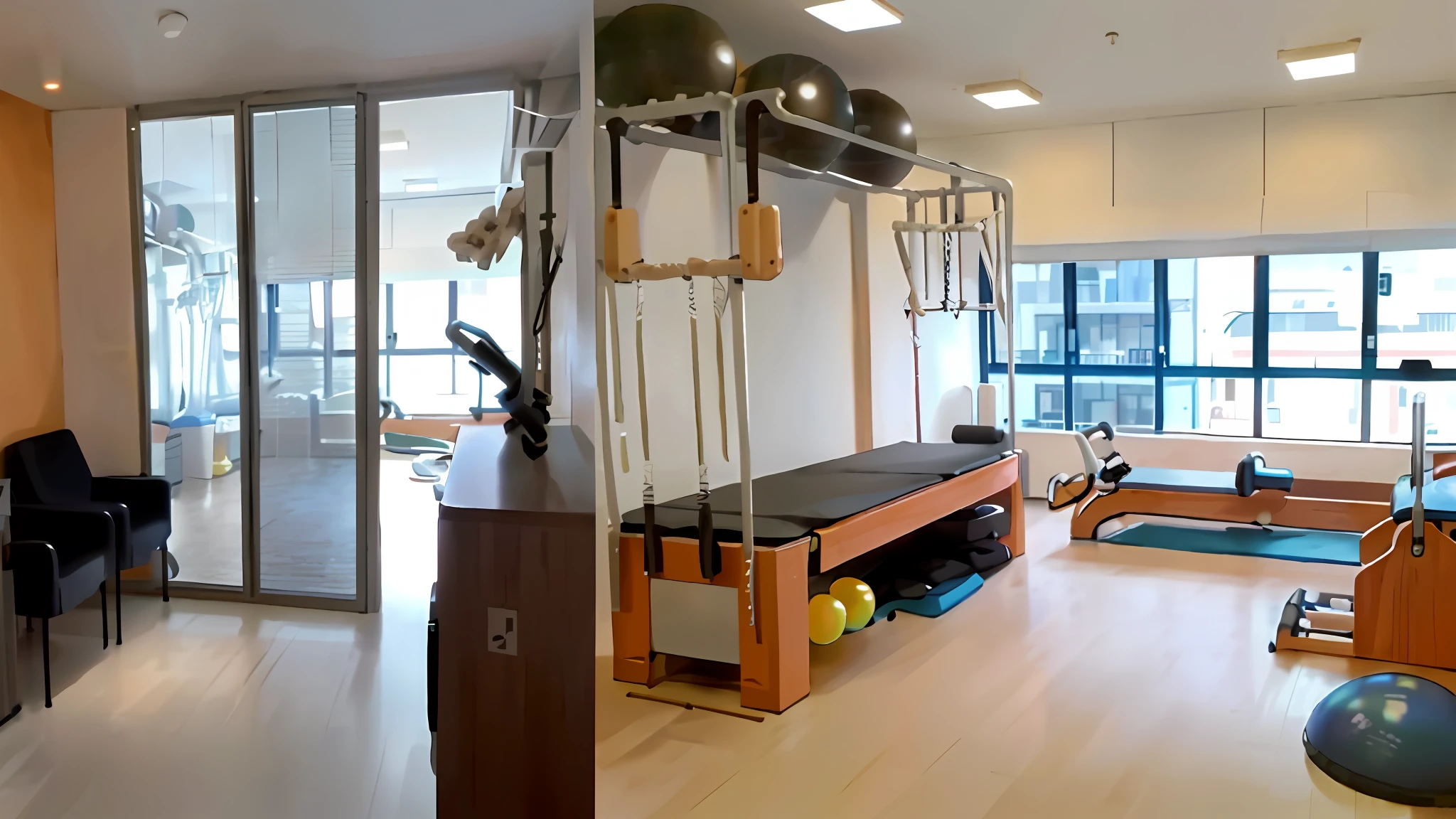 there are two pictures of a room with a gym equipment, whole room, sparse room, full room view, full - body, full-body, dingy gym, dim dingy gym, completely filled space, wide long view, with backdrop of natural light, cottagecore!! fitness body, local gym, full - view, vs studio