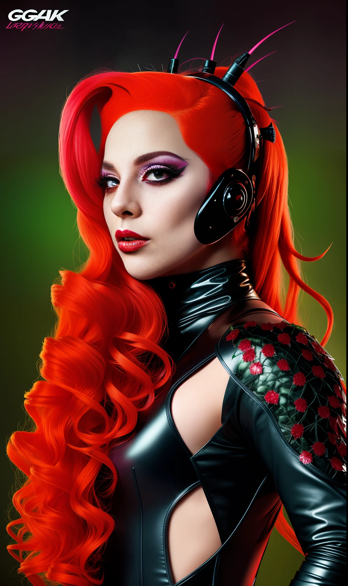 Lady Gaga Poison IVY, 4K texture, long hair, high quality, extravagant hairstyle, original album cover, 8k image, futuristic, high image quality, at night, hair accessories, very realistic and defined face, full body, heroin robotic suit, various poses